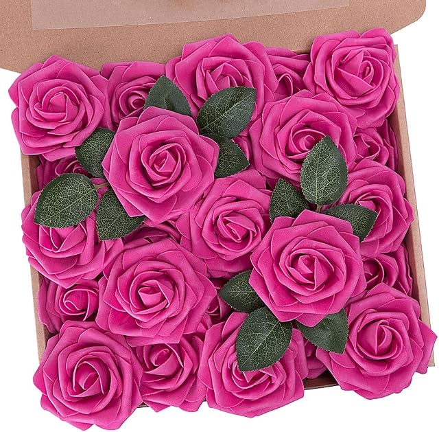 N&T NIETING Artificial Flowers Roses, 25pcs Real Touch Fake Foam Roses DIY for Wedding Bridal Bouquets, Valentine's Day, Mother's Day, Baby Shower, Home Decoration, Hot Pink