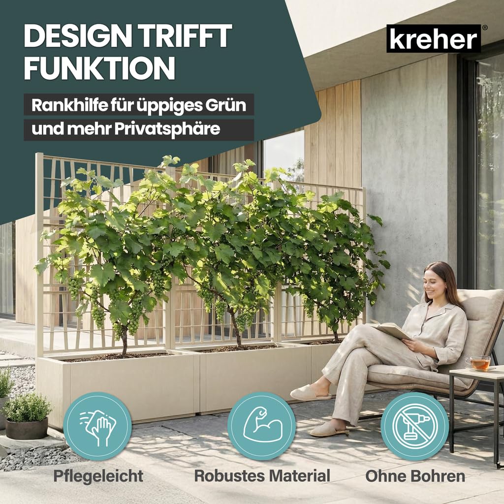 2 x Kreher® XL Rankgitter, Spalier mit Pflanzkasten aus robustem Kunststoff. Maße BxTxH in cm: 80 x 36 x 140 cm. Top für Garten, Terrasse und Balkon! (Beige)