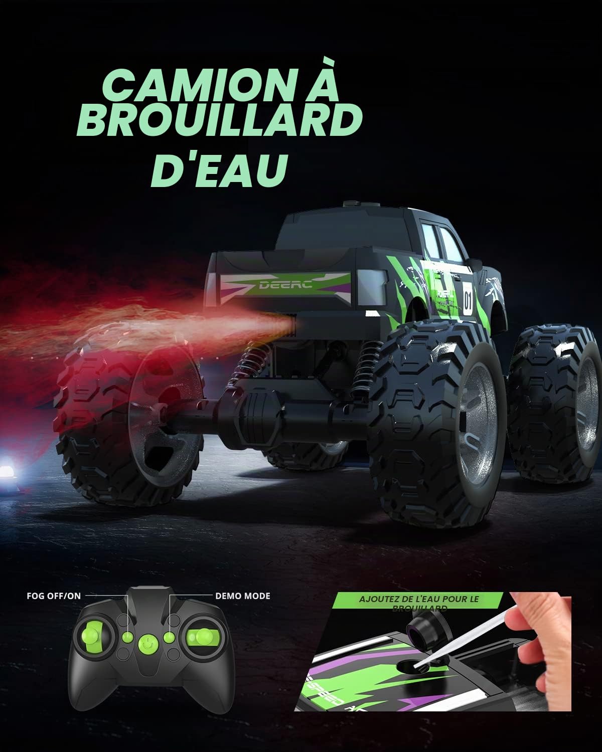 DEERC DE44 Voiture télécommandée 1:16 avec pulvérisation de brouillard, voiture RC tout-terrain à deux moteurs 4 roues motrices avec lumières LED, Rock Crawler 70+ Min, à partir de 8 ans