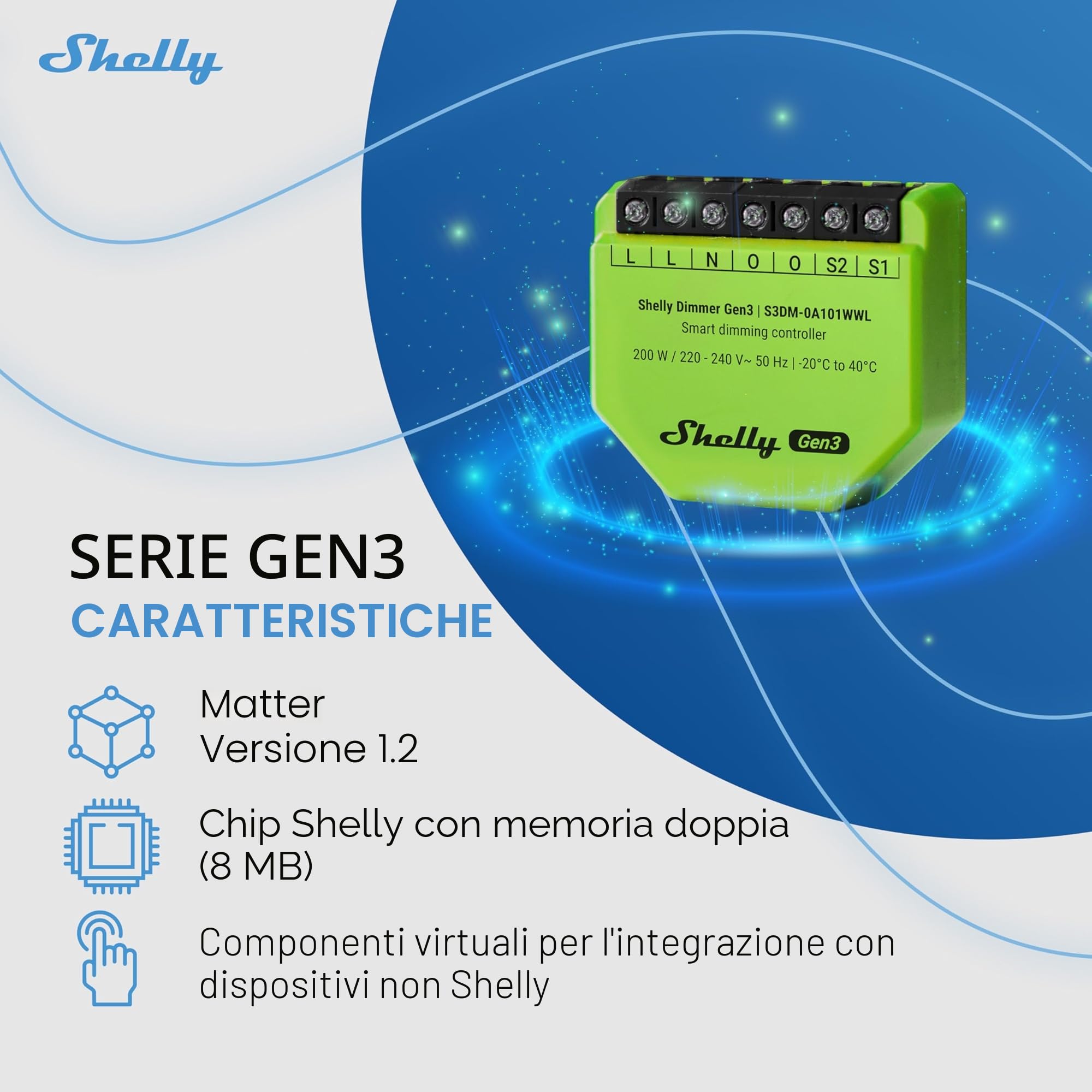 Shelly Dimmer Gen3-240V, Dimmer Smart Wi-Fi, Domotica, Luci Dimmerabili, Strisce LED, Non Richiede Neutro, Programmazione Intelligente, Nessun Hub Richiesto, Modalità Notturna, Alexa & Google Home