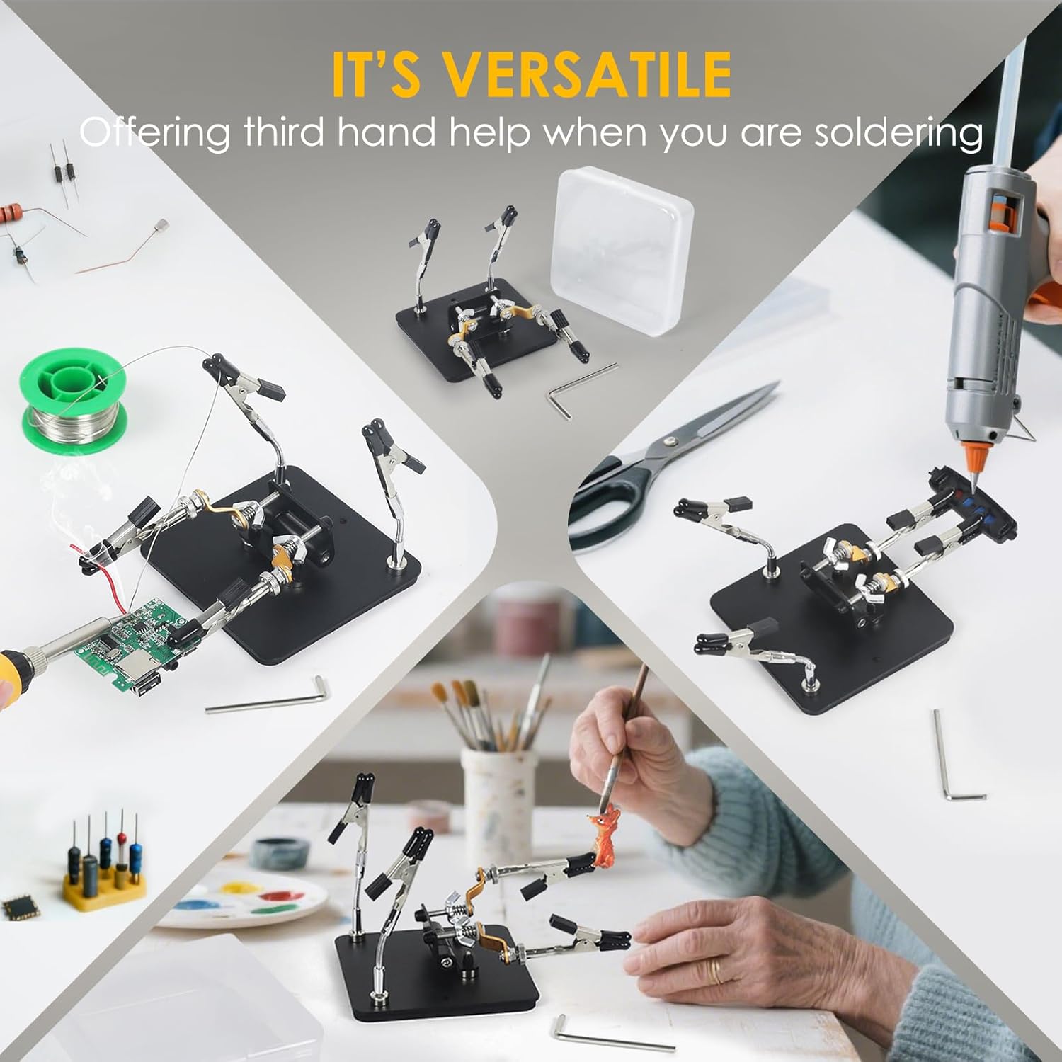 Helping Hands Soldering Station Holder with Storage Box, Third Hand Tool with 4×4" Metal Non-slip Base and Adjustable Arms, Clamp Stand for Electronics, PCB Repair and DIY, Craft