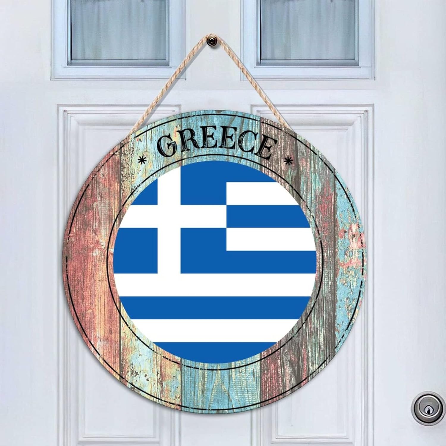 Cheyan 18"x18" Greece Door Sign for Front Door Farmhouse Decor Round Wooden Sign Rustic Door Hanger Home Decoration, Greece Flag