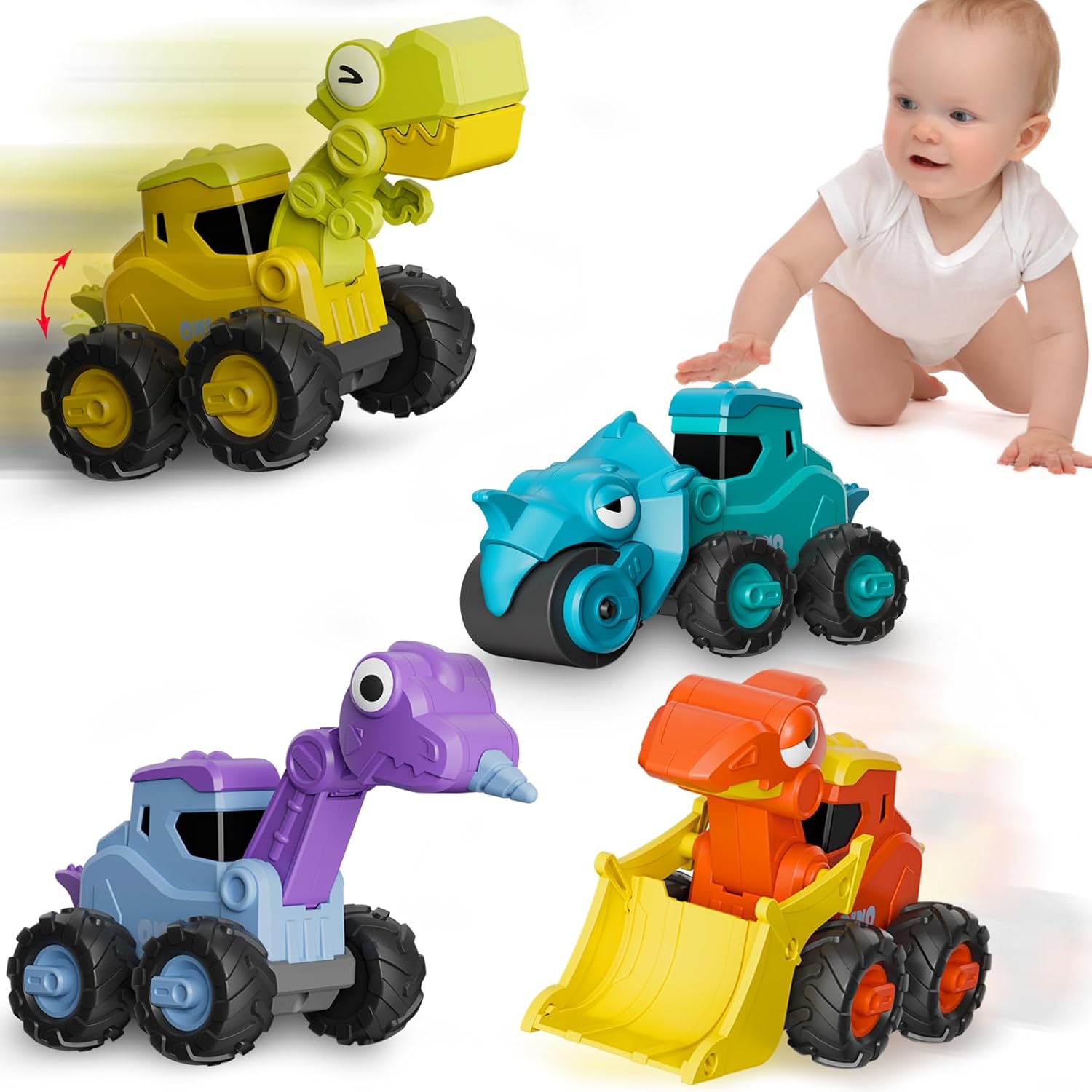 Press and Go Car Toys Push Go Friction Vehicle Toys 18-36 Months Dinosaur Construction Car Set for 2-6 Year Old Toddlers Boys Girls Kids, Dino Racing Brithday Gift Party Favors Toy