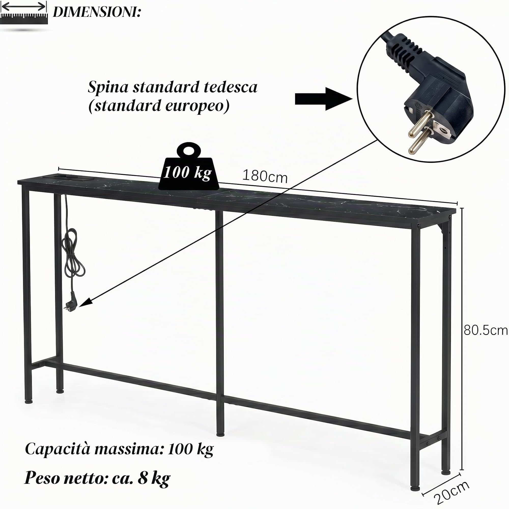 Tavolo Consolle per Ingresso con Presa L 180 cm Effetto Marmo&Nero/1 Pezzo | Consolle Dietro Divano Tavolino Laterale per Corridoio Ingresso Veranda Balcone Soggiorno, Faux Marmo e Nero/180x20x80 cm