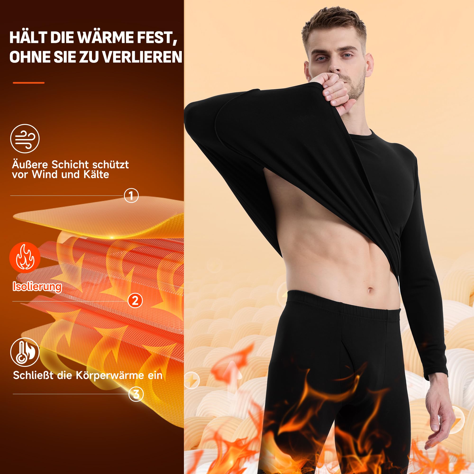 BAMBOO COOL Thermounterwäsche Herren Funktionsunterwäsche Set Atmungsaktive Innenfleece Skiunterwäsche Männer Winter für Joggen Radfahren Fußball Skifahren Motorrad Warme