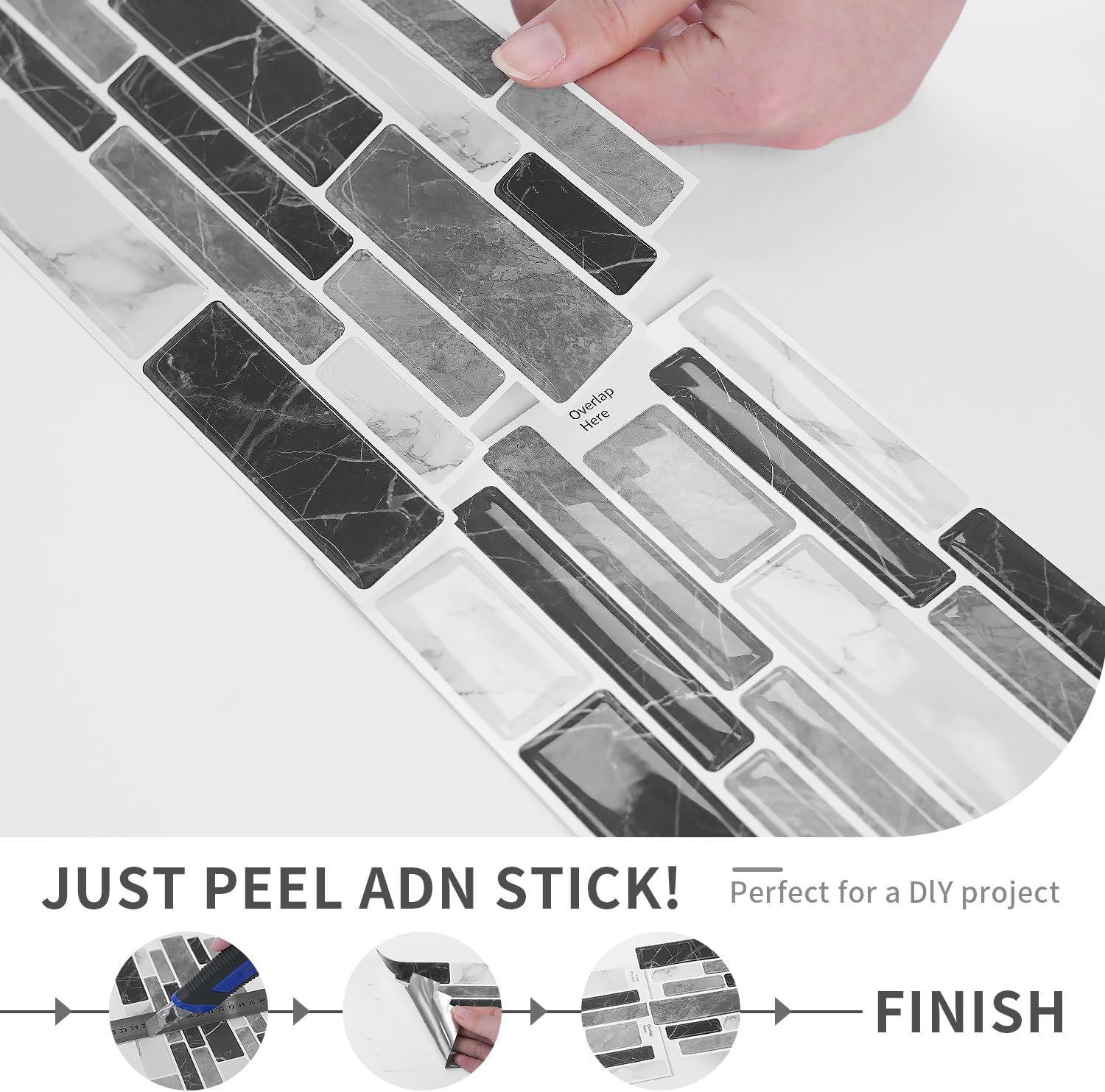 Alwayspon 9.69x4.72inchx24Pcs Marble Subway 3D Self Adhesive Wall Tile Sticker, Peel and Stick Adhesive Waterproof Backsplash Stick on Tile Decal for Kitchen Bathroom Wall, White Grey Black
