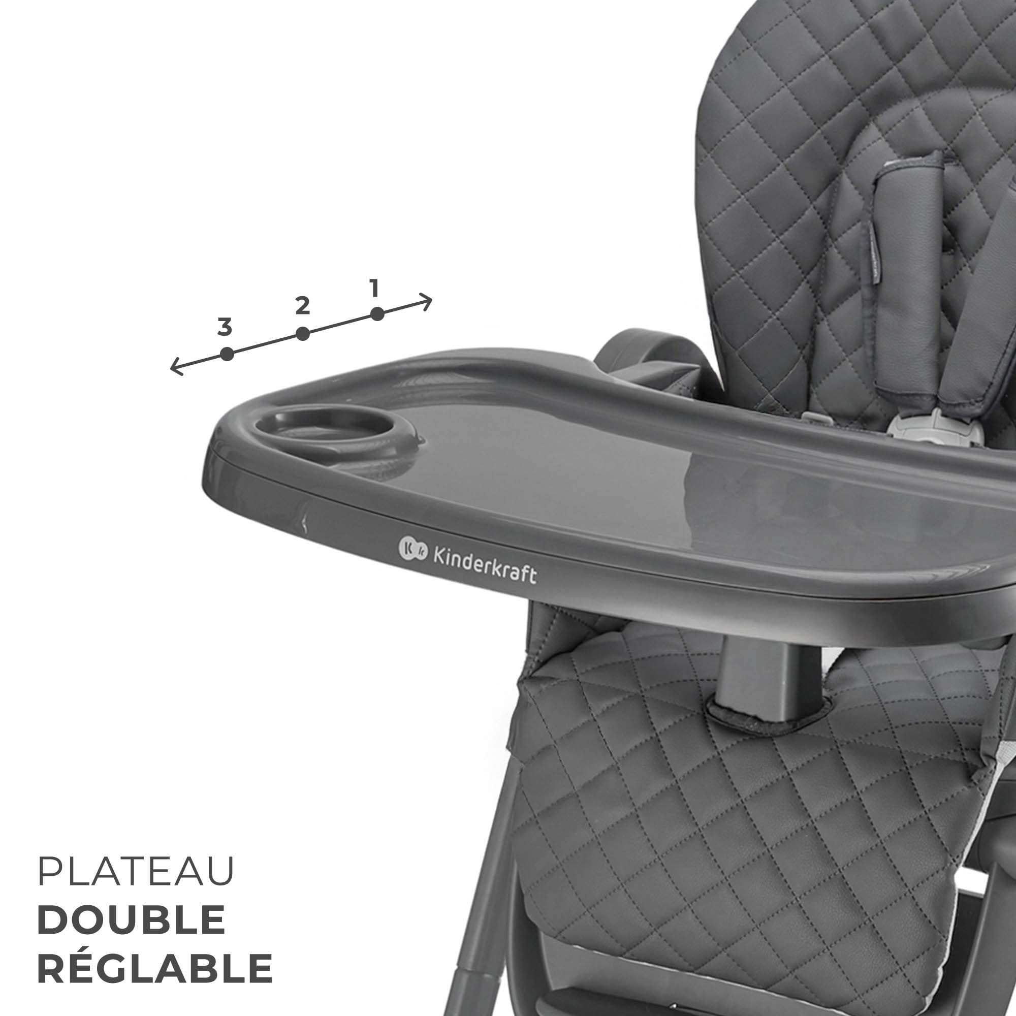 Kinderkraft TULO Chaise haute pour bébé, Ergonomique, Confortable, Pliable, Avec Repose-Pieds Réglable en Hauteur, Double Plateau Amovible Pour les Tout-Petits de 6 mois à 5 ans, Gris