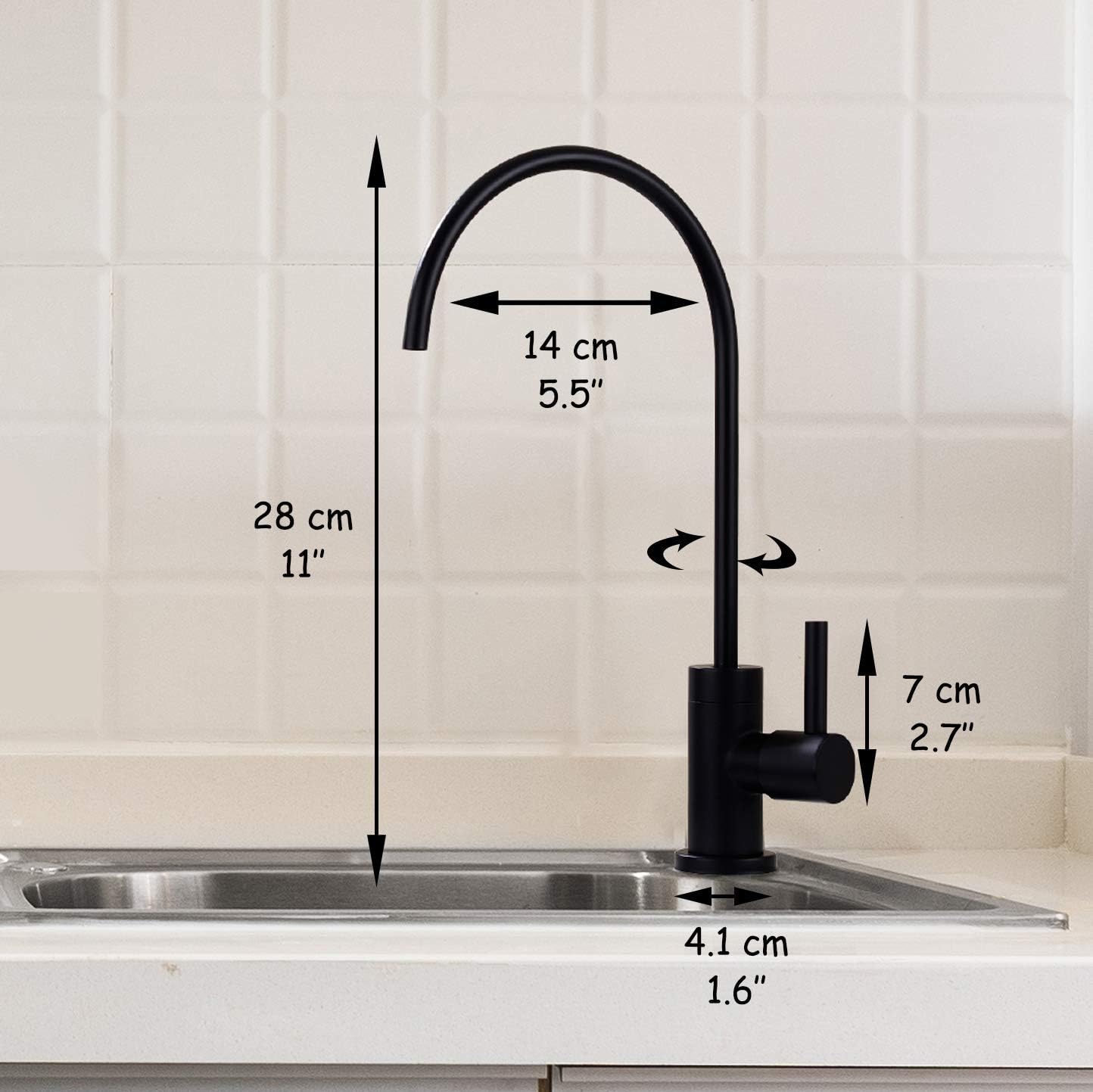 Black Water Filter Faucet - 100% Lead-Free RO Faucet, 360° Swivel Drinking Water Faucet for Kitchen Sink, Compatible with Reverse Osmosis & Under Sink Filtration Systems