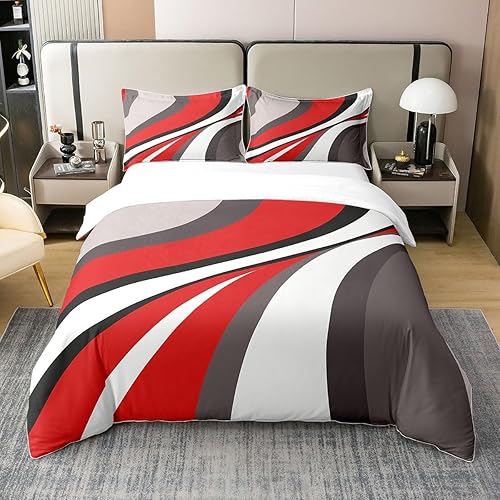 Erosebridal Juego de ropa de cama geométrica 100% algodón, tamaño King, funda de edredón con diseño de remolinos rojos, blancos y grises, funda de