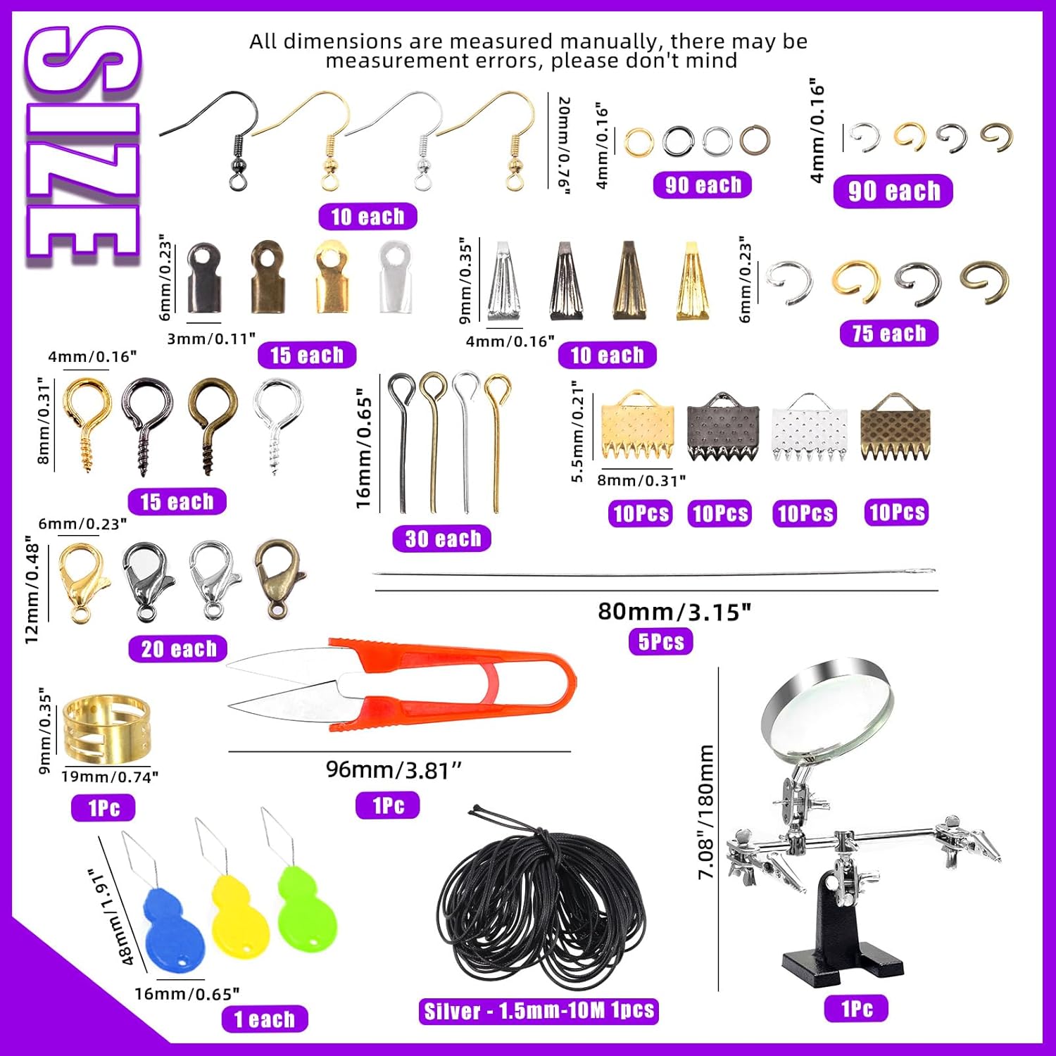 Swpeet 1490Pcs Jewelry Making Supplies Kit with Jewelry Making Tools, Jewelry Pliers, 4 Color Jewelry Wires and 38 Styles Jewelry Findings, Helping Hands Magnifier Necklace Chain Awl Tweezers Scissors