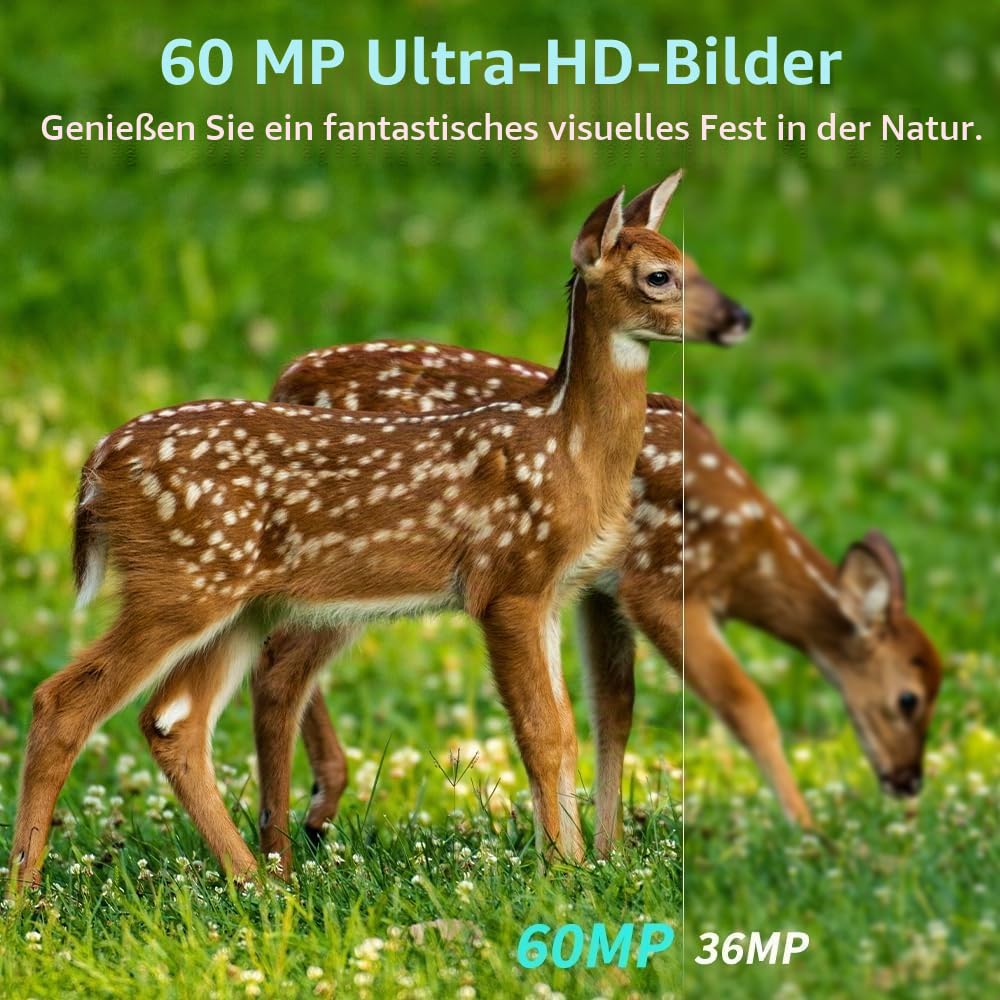 Wildkamera 5K 60MP, 98FT Nachtsicht & 0,05s Auslösezeit, IP66 Wasserdicht, 130° Weitwinkel, Bewegungsmelder, 32GB SD-Karte + 8X AA-Batterien – Ideal für Garten, Jagd & Outdoor
