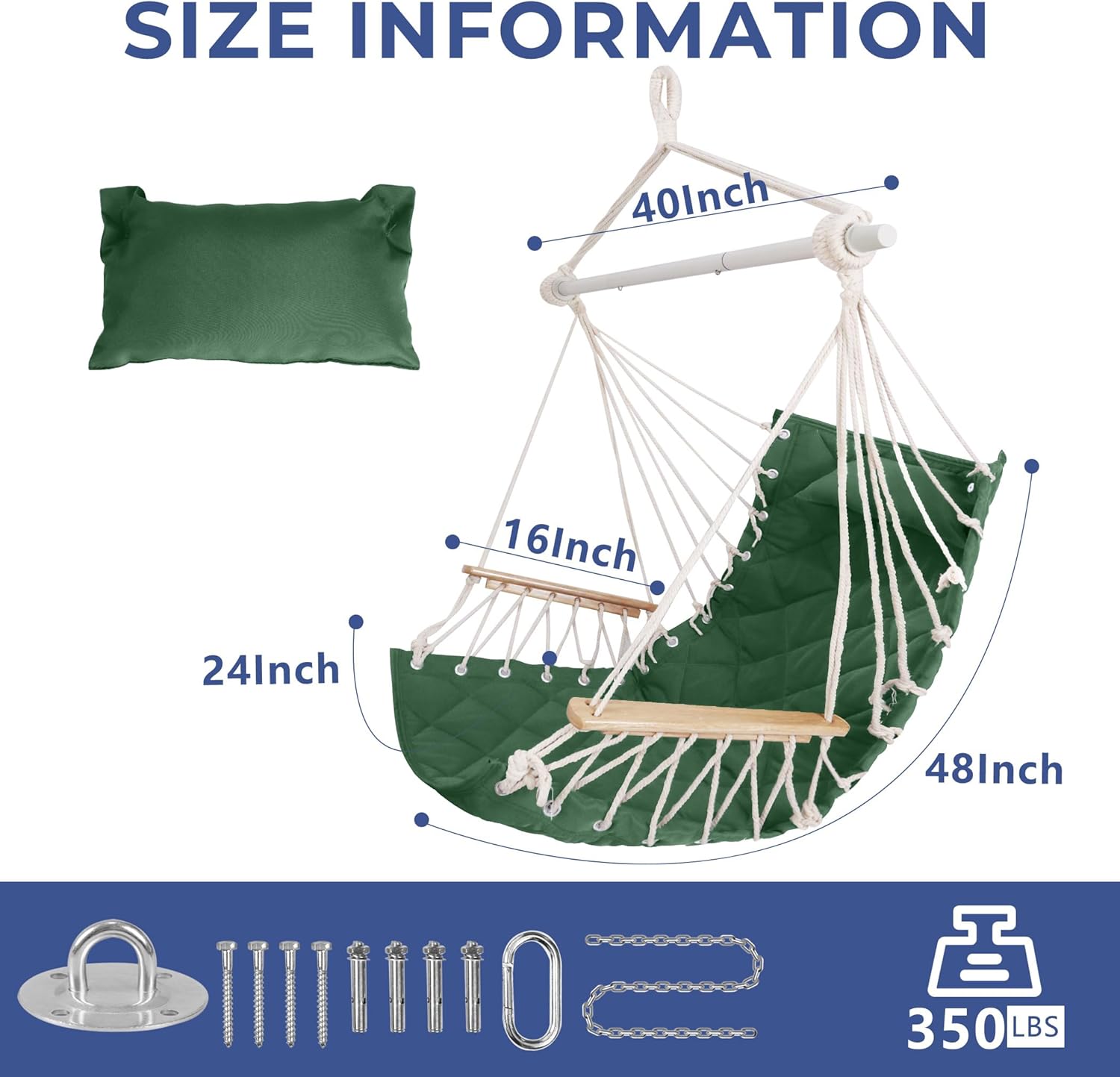 Hammock Chair Hanging Swing with Wooden Armrests;Steel Spreader Bar,Pillows,Hardware kit Included;Cotton Woven ;Up to 350 Lbs,for Indoor Outdoor Green - Image 5