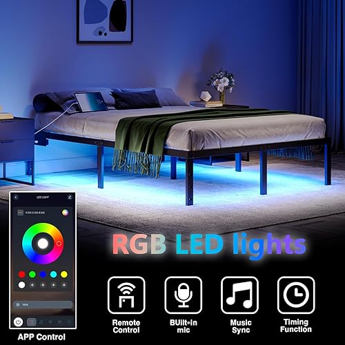 Miniatura 4 de Base de cama Queen con luces LED y estación de carga, marco de cama de plataforma de metal resistente de 14 pulgadas, no necesita somier, fácil