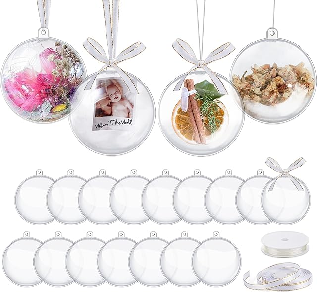 HOUISM Clear Plastic Craft Baubles 8CM Transparent Fillable Personalised Bauble for Kids DIY Craft Birthday Wedding Party Gifts Creation with Crystal Thread 20M+Party Tisel 2M+Ribbon 22M