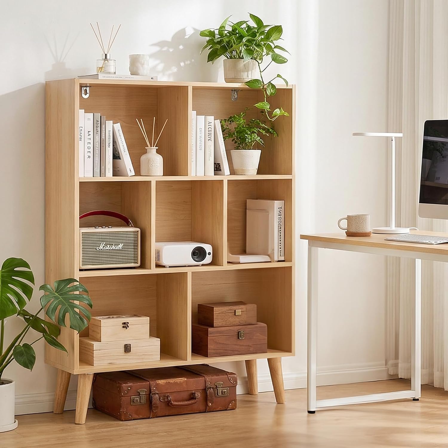 DUMOS Bookshelf, 7 Cube Book Shelf with Legs, 3-Tier Modern Wooden Bookcase, Free Standing Cube Shelf for Living Room, Bedroom, Office, Wood