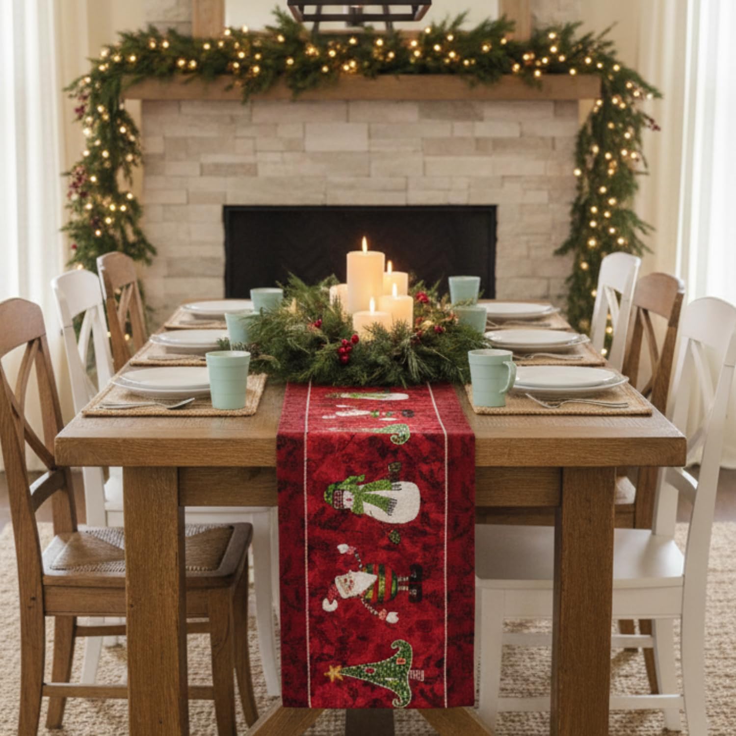 Tache Here Comes Santa Claus Antique Vintage Christmas Eve Traditional Holiday Season Red Decorative Woven Tapestry Table Runners, 13 x 90