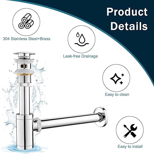 Miniatura 3 de ROVATE Juego completo de tapón para lavabo de baño, trampa en forma de P, desagüe cromado desplegable con trampa P redonda ajustable de 1-14