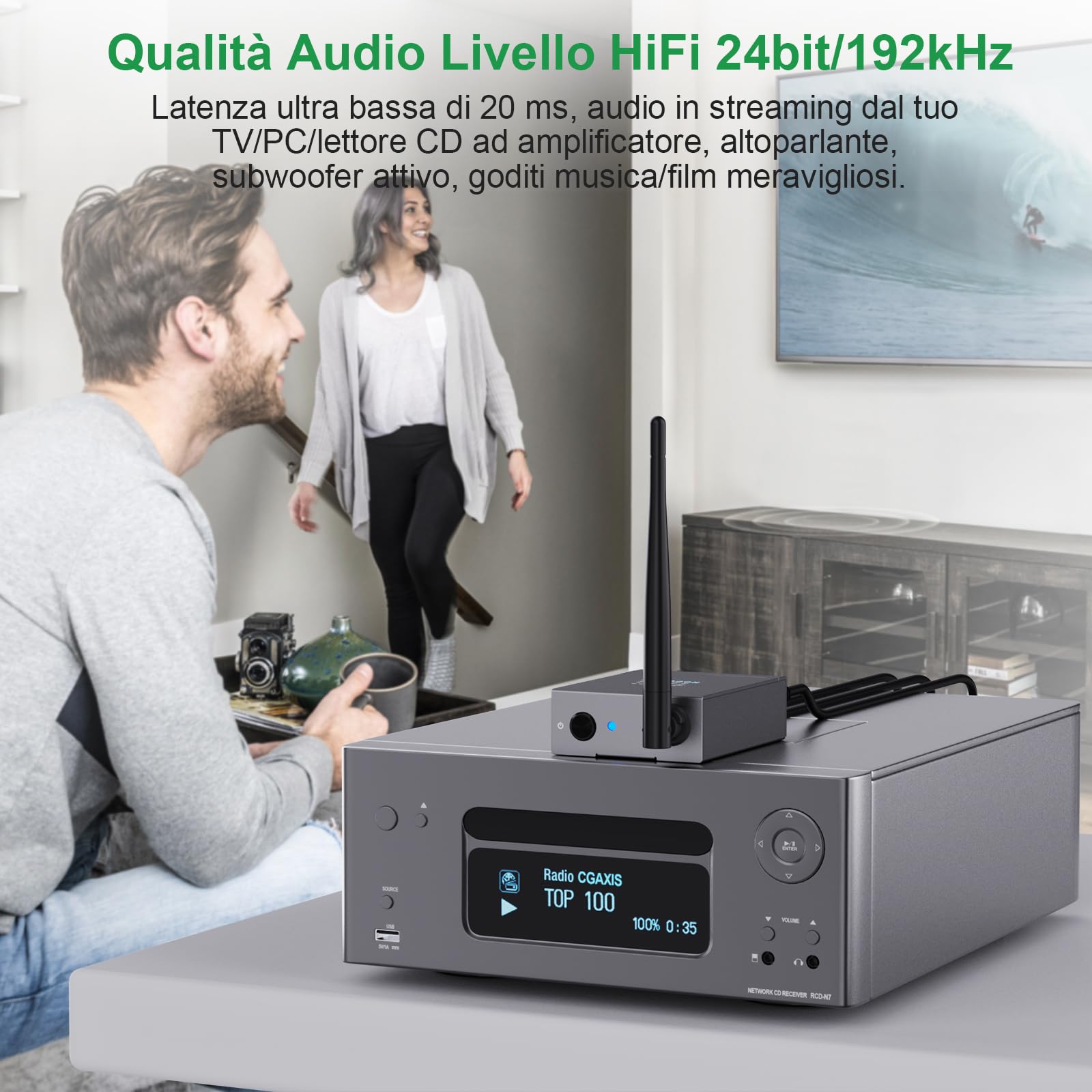 1Mii 3-In-1 Trasmettitore e Ricevitore Audio Wireless 2,4 GHz per 2 Altoparlanti, Uscita/Ingresso RCA, Ultra Bassa Latenza 20ms, Adattatore Wireless Lungo Raggio 100m da TV/PC/Altoparlanti Amplificati