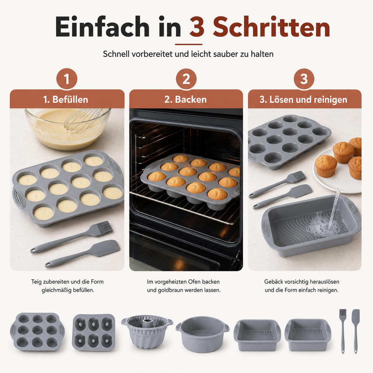 Silikon Backformen Set, 8 Stück Silikon Backform Gugelhupf Brotbackform Kuchenform Muffinform, Springform Backform mit Teigschaber und Backpinsel Für Backen Brot Toast Kuchen Cupcake Muffin