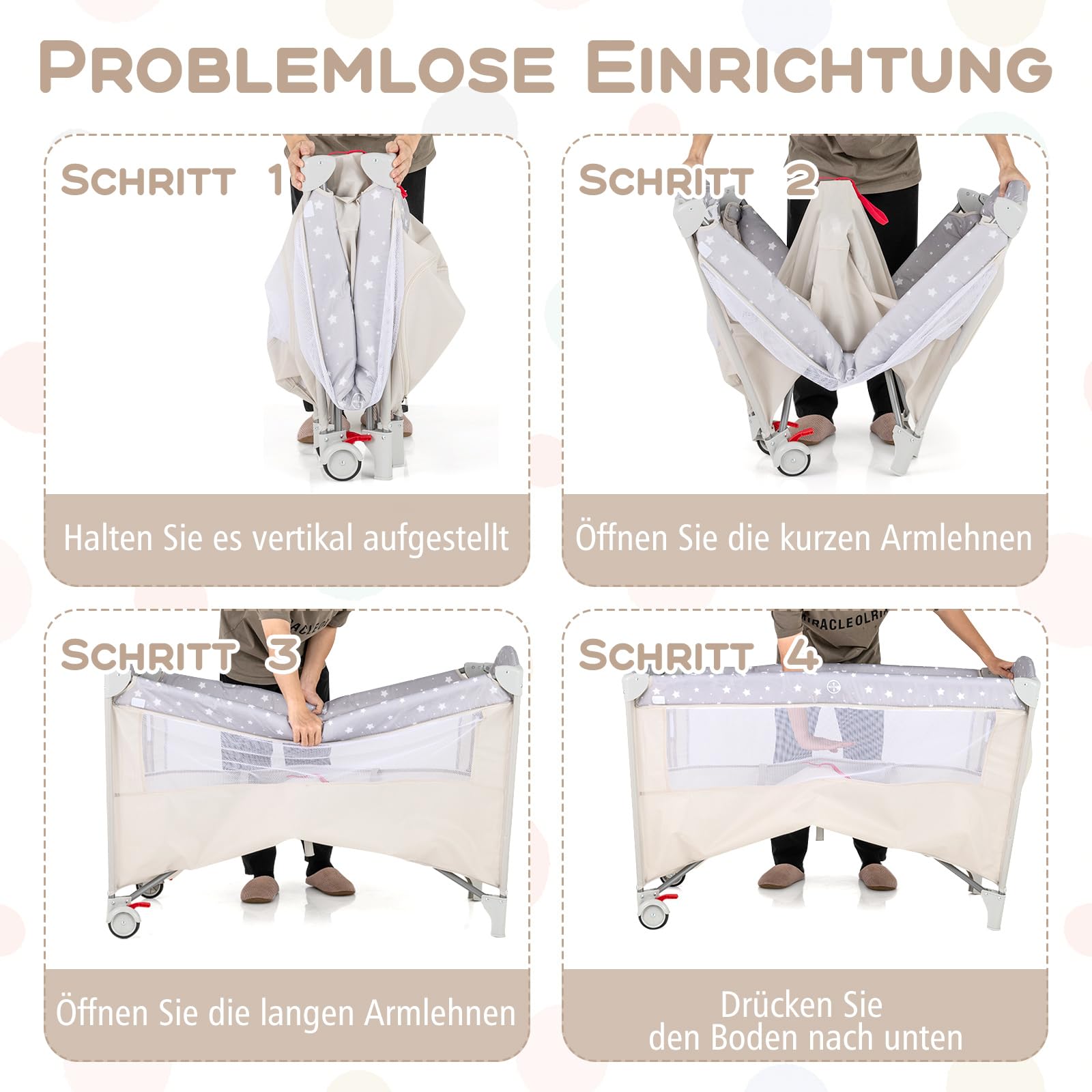 GOPLUS 5 in 1 Baby Beistellbett, Reisebett mit Wickelablage, Laufstall, Spieluhr, Spielzeug & Aufbewahrungskörben, Babybett klappbar mit Tragetasche für Baby bis 3 Jahren (Beige)