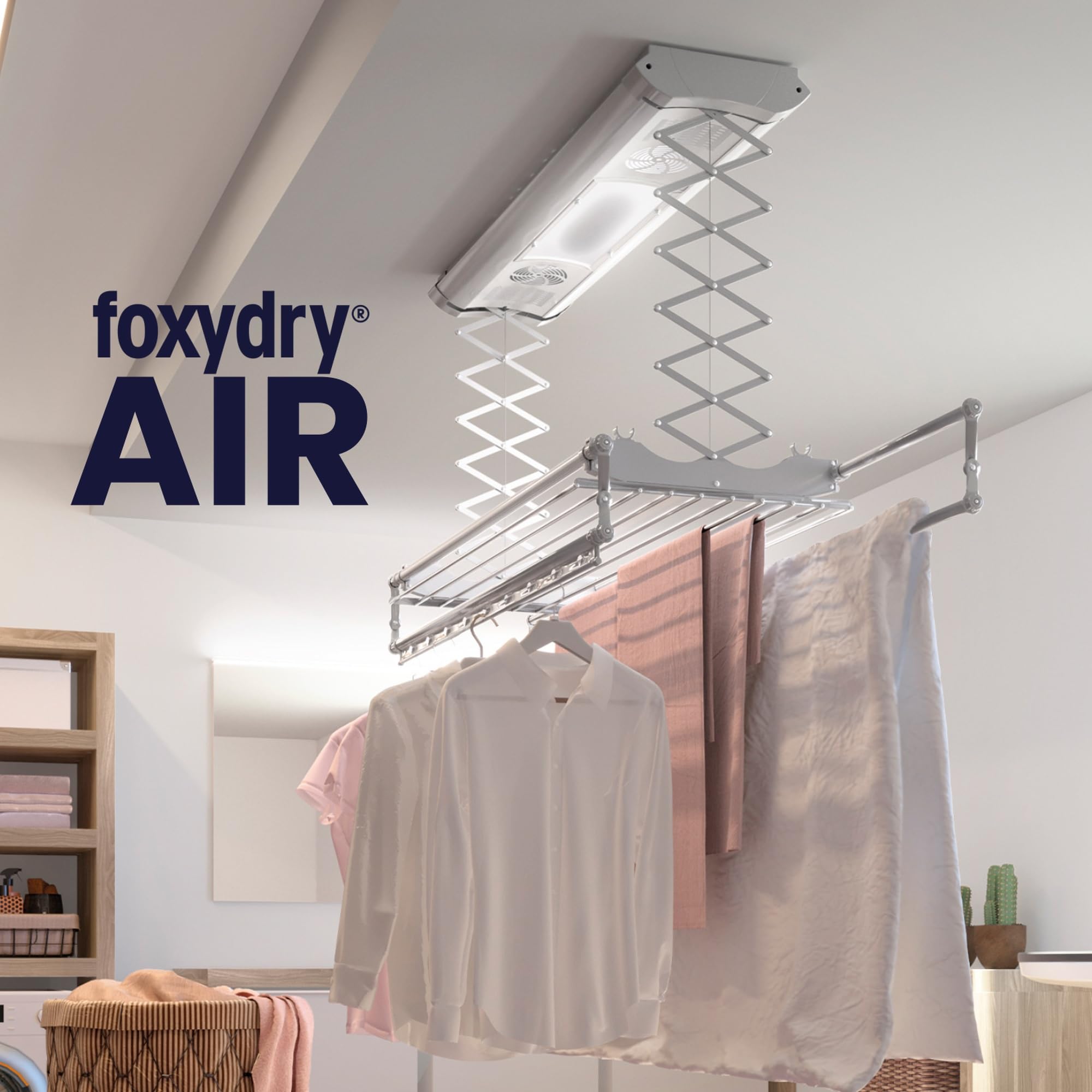 Foxydry Air, elektrischer, Ferngesteuerter, deckenwäschetrockner, 160 cm | platzsparend, aus aluminium, motorisiert, ausziehbar, geeignet für bettwäsche, trägt 35 kg, grau