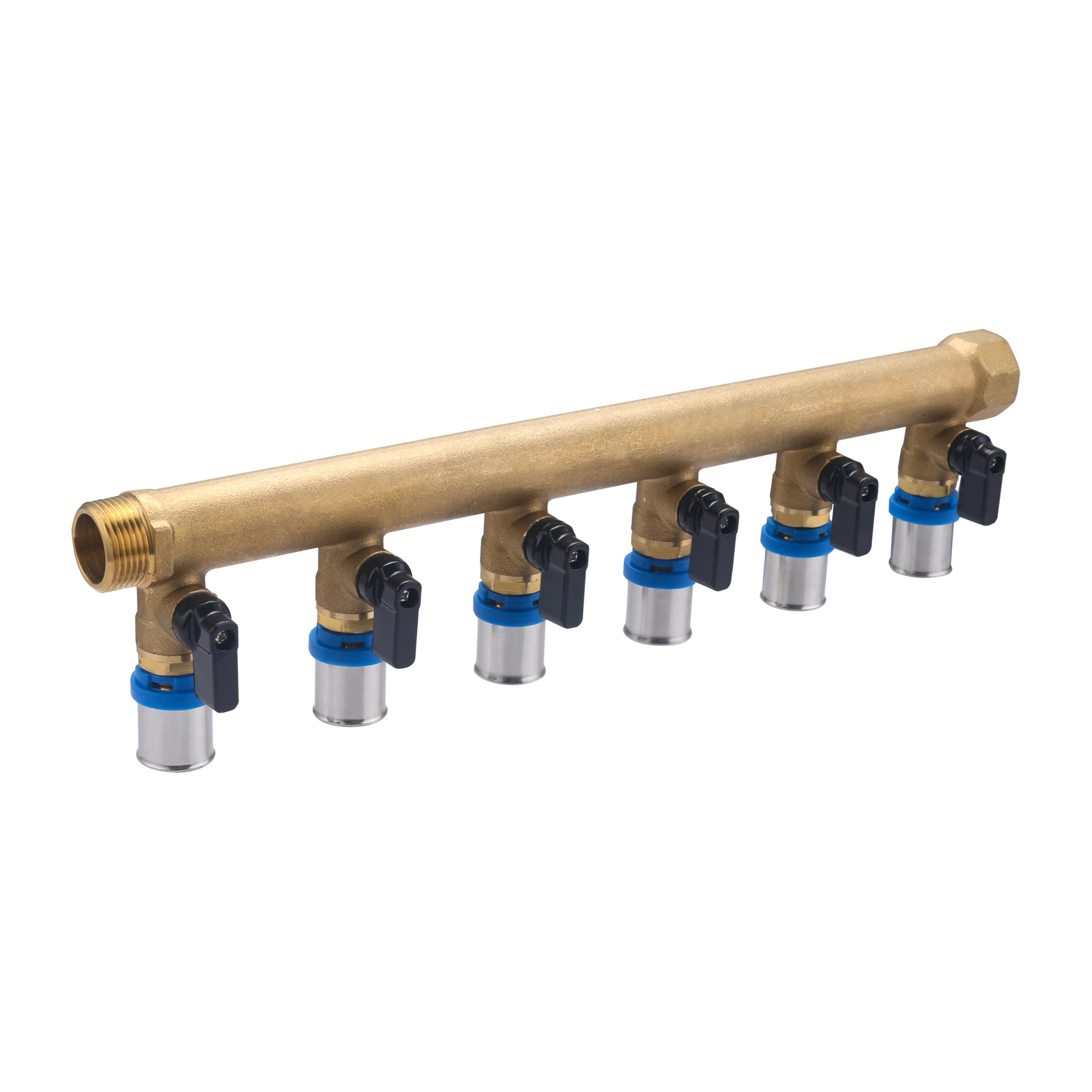 Colector macho-hembra 3/4 con 6 salidas multicapa a prensar Ø20 y válvulas | Latón | Conexión segura, duradera y precisa | Ideal para fontanería | Fácil instalación | QUICK PLOMBERIE