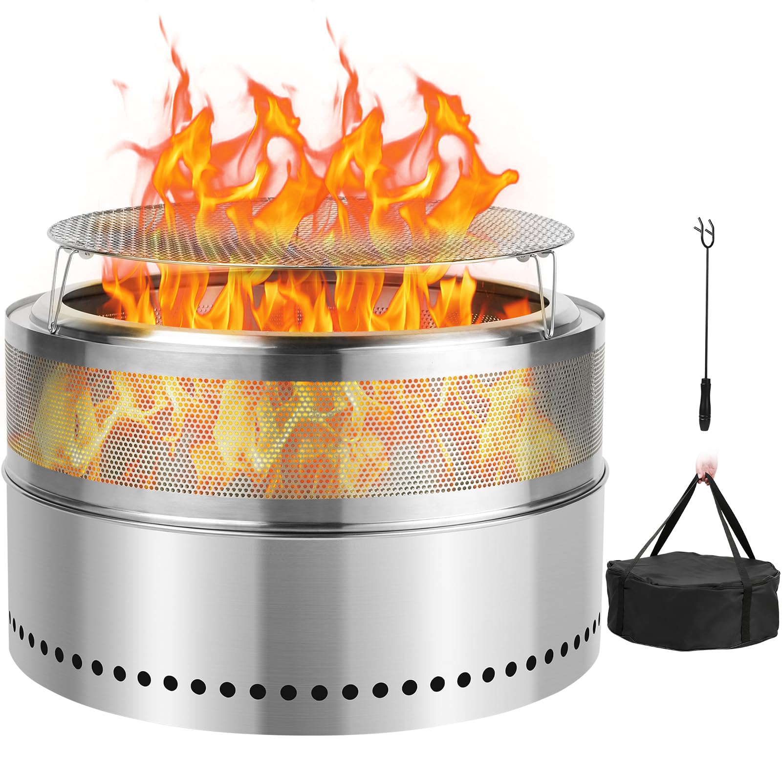SMOOL 68cm Fire Pit Smokeless, Portable Fire Pits for Camping, Stainless Steel Outdoor FirePit BBQ for Patio & Garden, Wood Burning Stove with Removable Ash Pan, Carry Bag, Poker and Grill