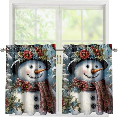 Miniatura 9 de Cortinas de cocina con niveles de muñeco de nieve, Navidad, 27.5 pulgadas, cortinas de café para baño, 2 paneles negros cortos