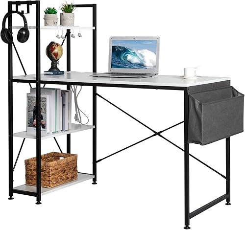 DESIGNSCAPE3D Computer Desk with Shelves, USB Port, Power Outlet, Non-Woven Bag, and Headphone Hook (White)