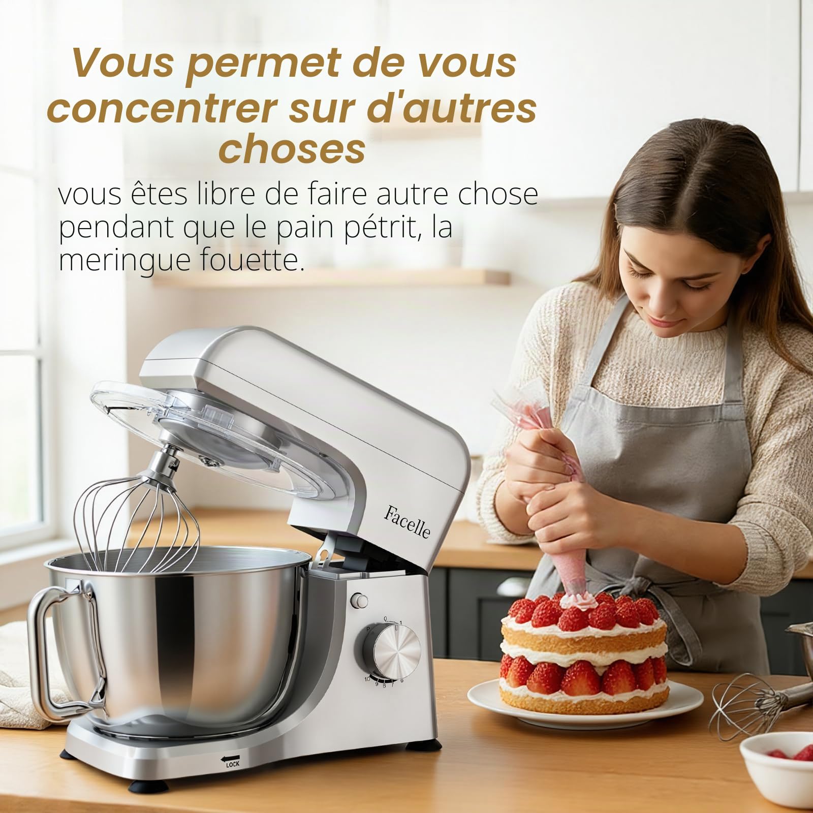 Robot Pâtissier 1500W, Bol en Inox 5.5L, 10 Vitesses + Pulse