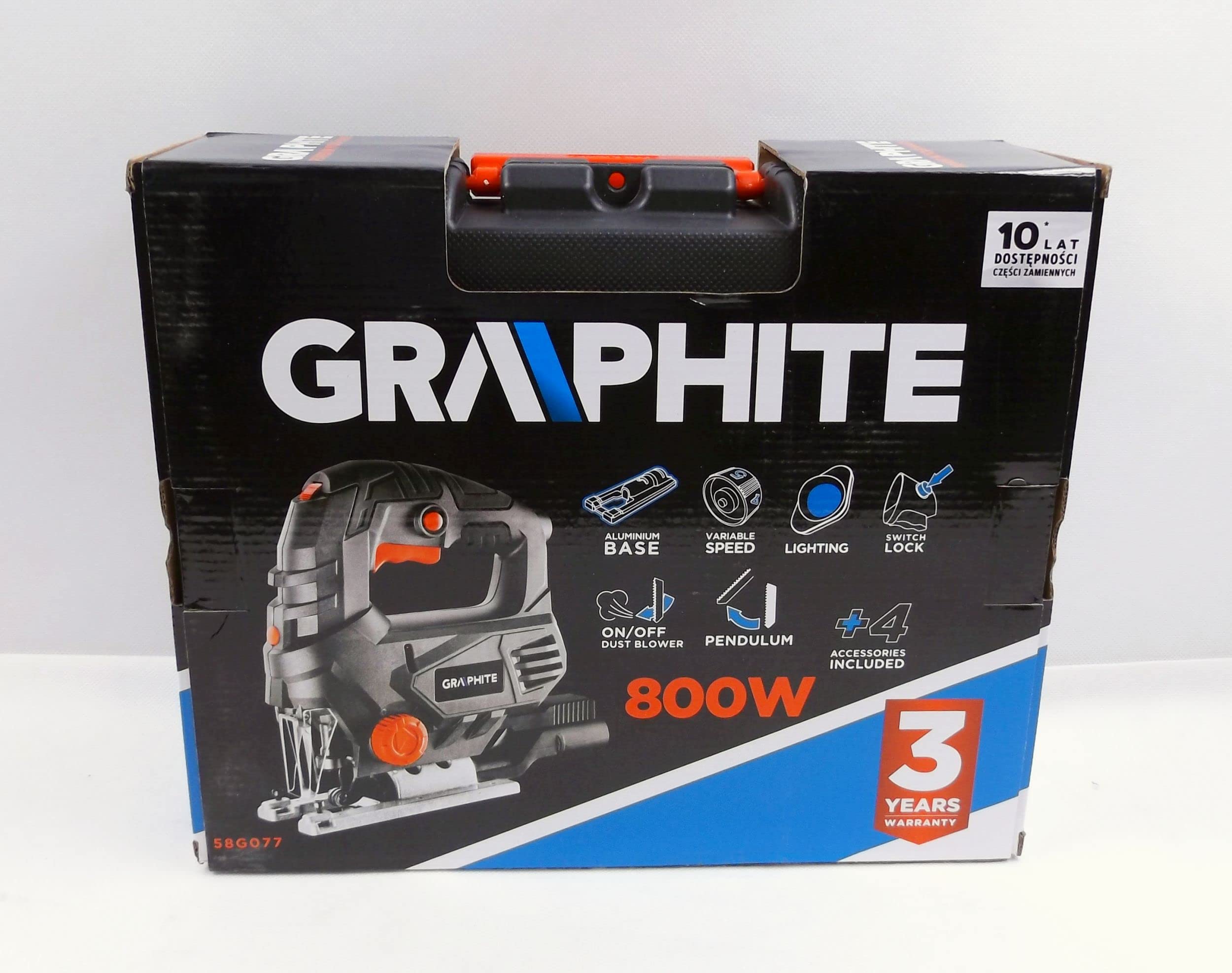 GRAPHITE Wyrzynarka 800W, ilość suwów 0-3100 min-1, walizka, do precyzyjnego i szybkiego cięcia drewna i metalu; dioda LED; akcesoria klucz specjalny, brzeszczot - 2szt., prowadnica,