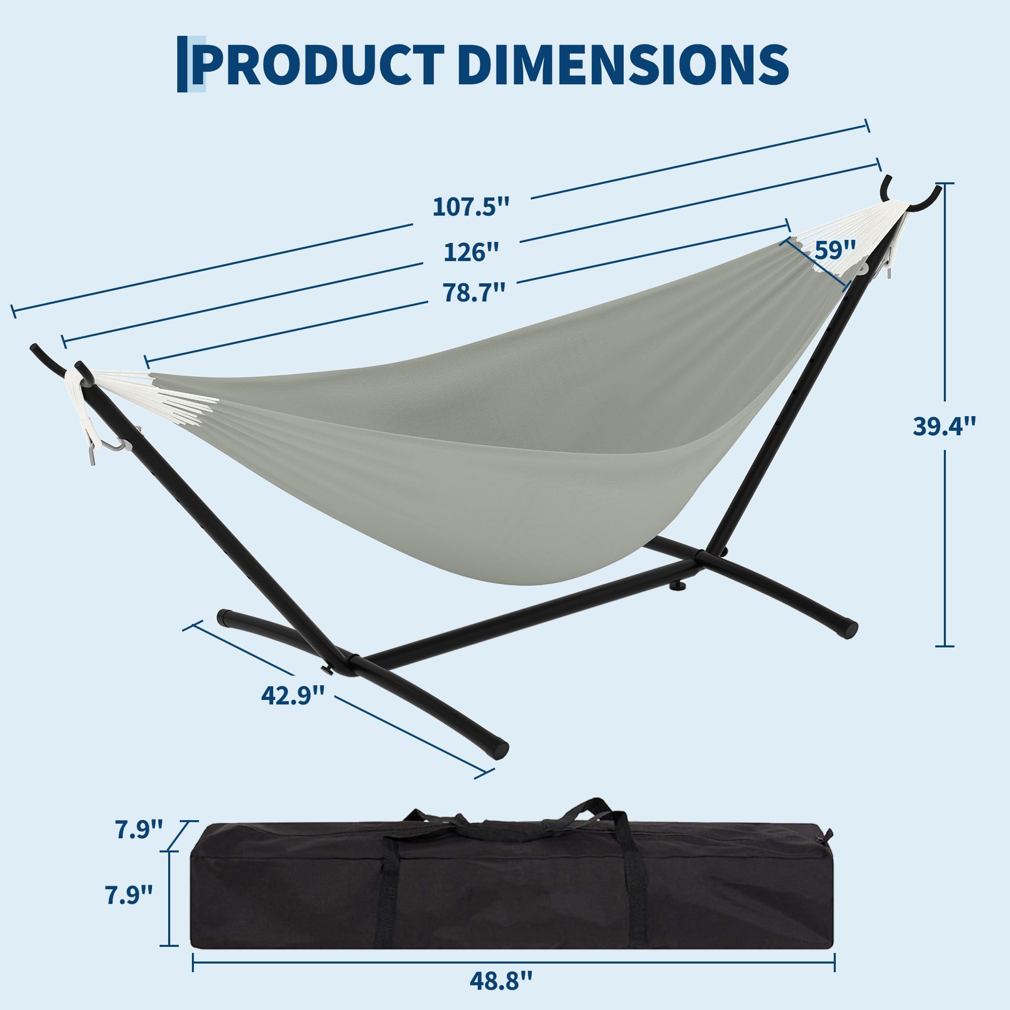 GarveeLife Hamaca con Soporte de Hierro para Exteriores, Hamaca Portátil para 2 Personas, Muy Resistente y Plegable, Capacidad Máxima 227 kg, Bolsa Impermeable Incluida, Gris Claro y Sofisticado