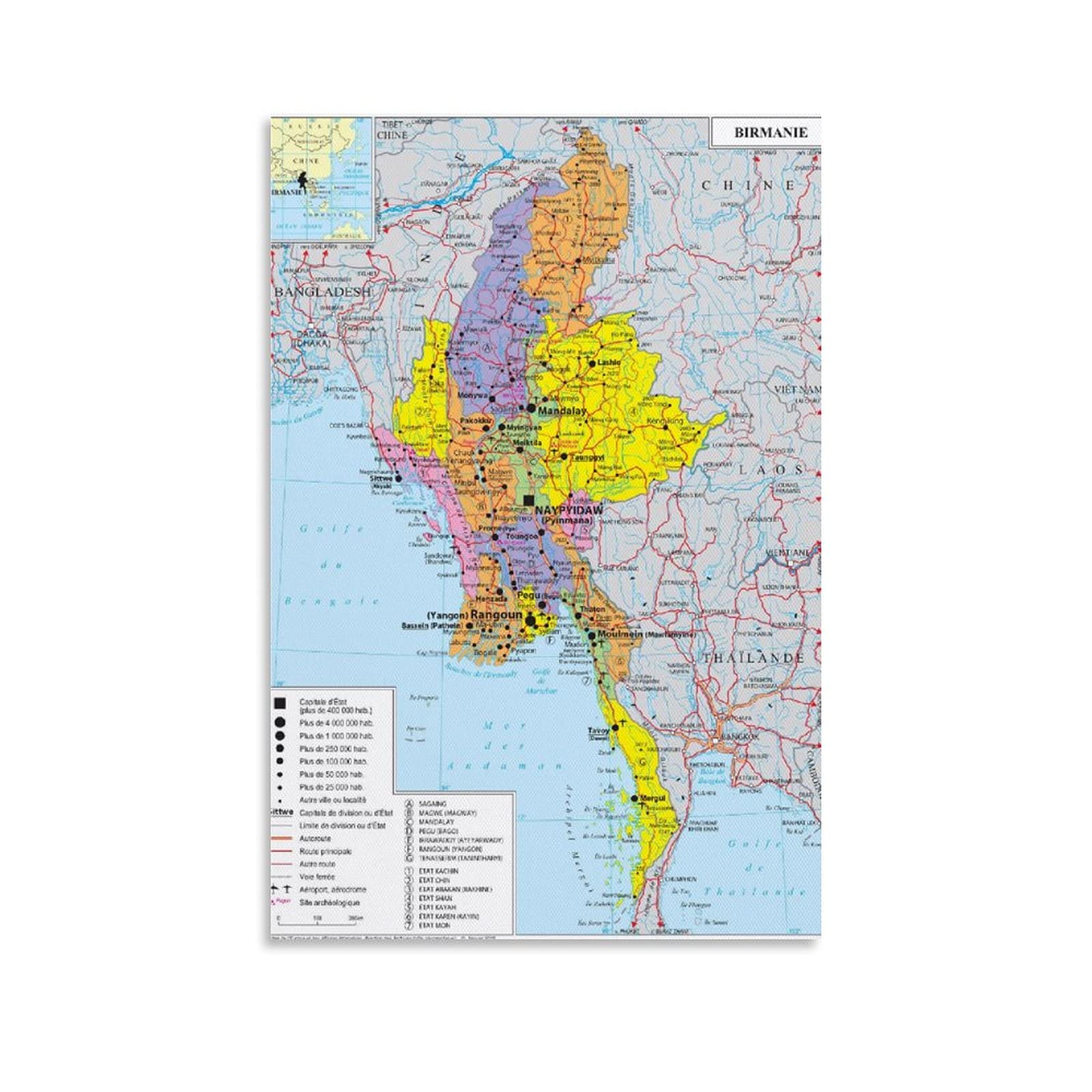 Geopolitical Map of Myanmar Canvas Art Poster And Wall Art Picture Print Modern Family Bedroom Decor Posters 08x12inch(20x30cm)