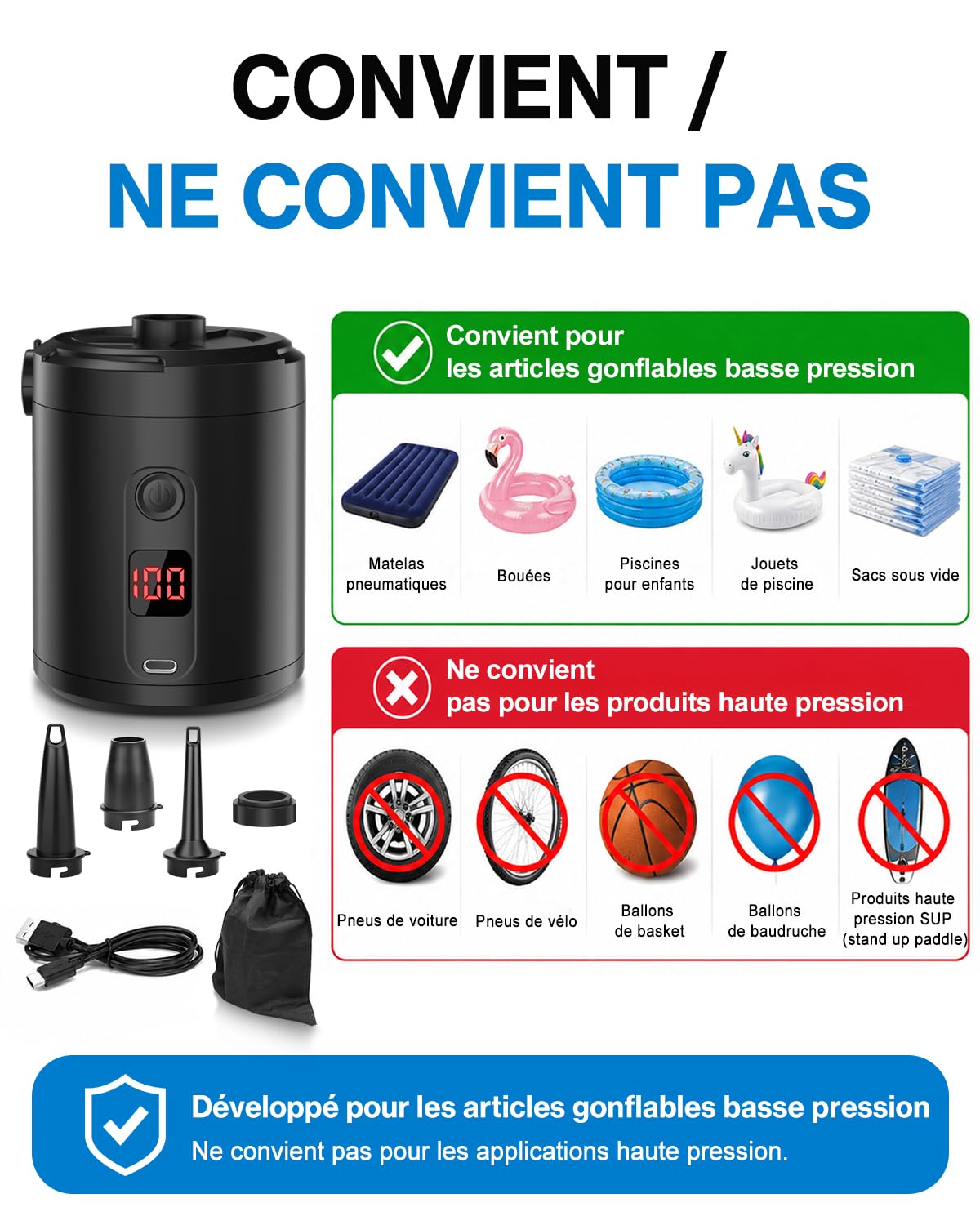 Pompe à Air Électrique Rechargeable 5200 mAh 280 L/Min avec Écran Numérique, Gonfleur Rapide Portable pour Matelas et Piscine
