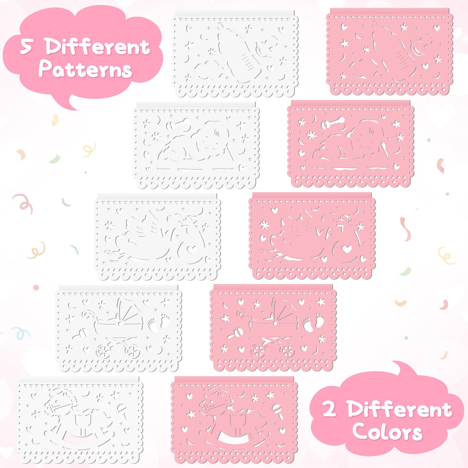 Epakh Confezione da 5 striscioni Papel Picado per baby shower Cielito Lindo Baby Shower Decorazioni da appendere Fiesta Papel Picado Ghirlanda di carta con cavallo a dondolo Baby Bottle Heart Design