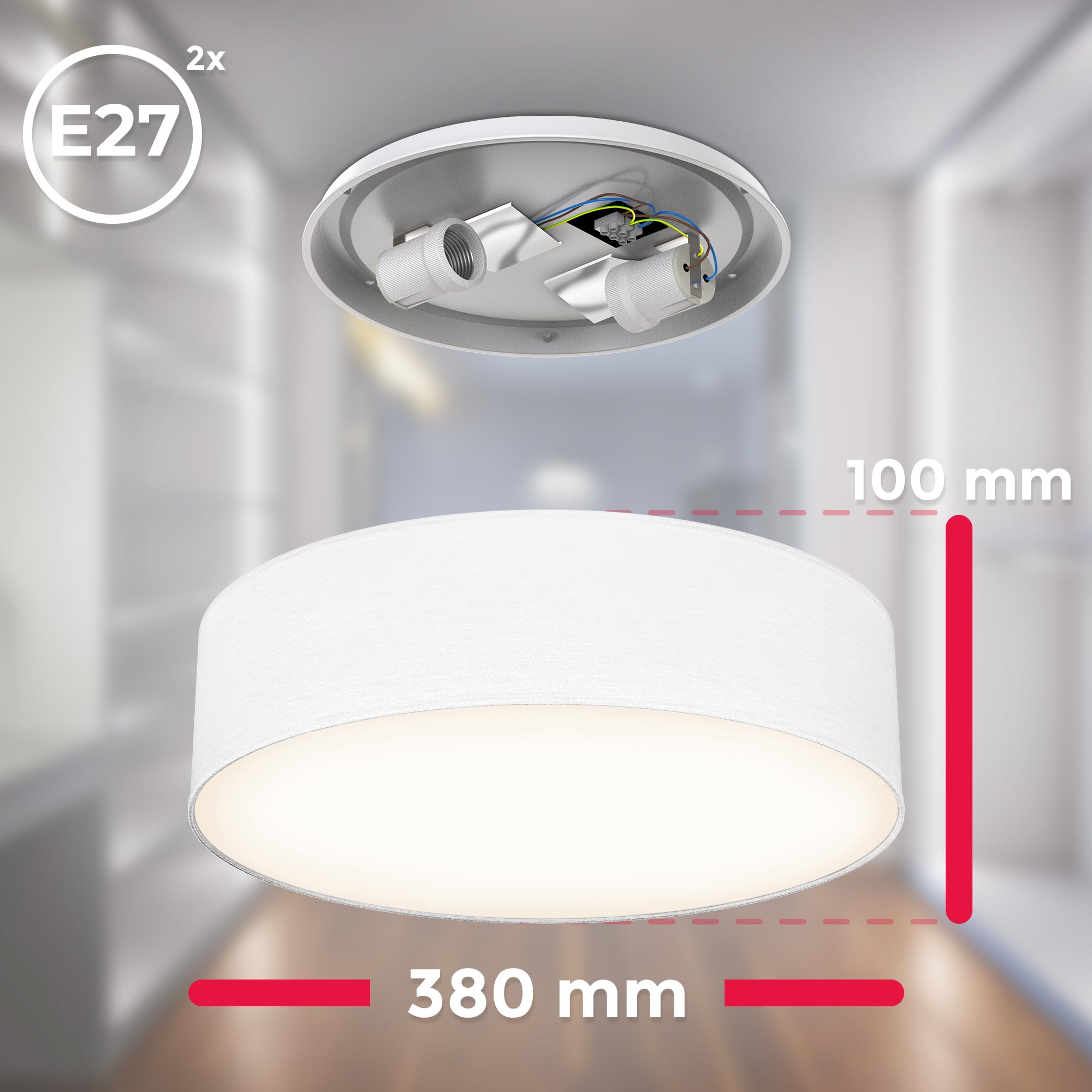 B.K.Licht - Plafonnier avec abat-jour en tissu, douille E27, max. 40 watts, lustre salon, lustre chambre, luminaire plafonnier, lampe cuisine, plafonnier salon, 38x10 cm, blanc