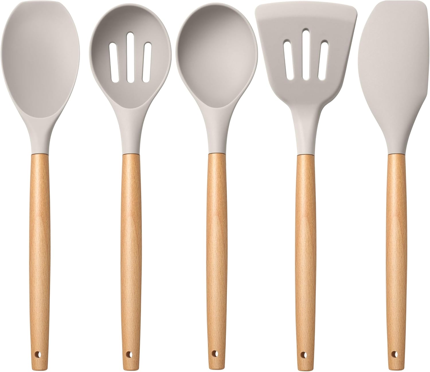 E-far Silicone Cooking Utensils Set, 5-Piece Kitchen Utensils Set with Wooden Handle for Cooking, Silicone Kitchen Nonstick Tools Spatula Turner Slotted Spoons, Nontoxic & Heat Resistant-Khaki E-far Silicone Cooking Utensils Set, 5-Piece Kitchen Utensils Set with Wooden Handle for Cooking, Silicone Kitchen Nonstick Tools Spatula Turner Slotted Spoons, Nontoxic & Heat Resistant-Khaki