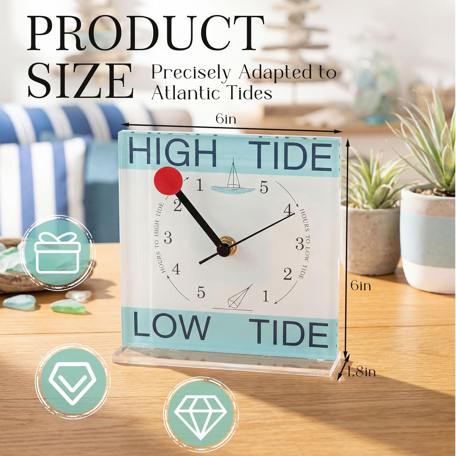 Kenning Classic Tide Clocks for East Coast with Water Resistant Acrylic Case, Accurate Tide Watch for Beach House, Boat & Coastal Home Decor