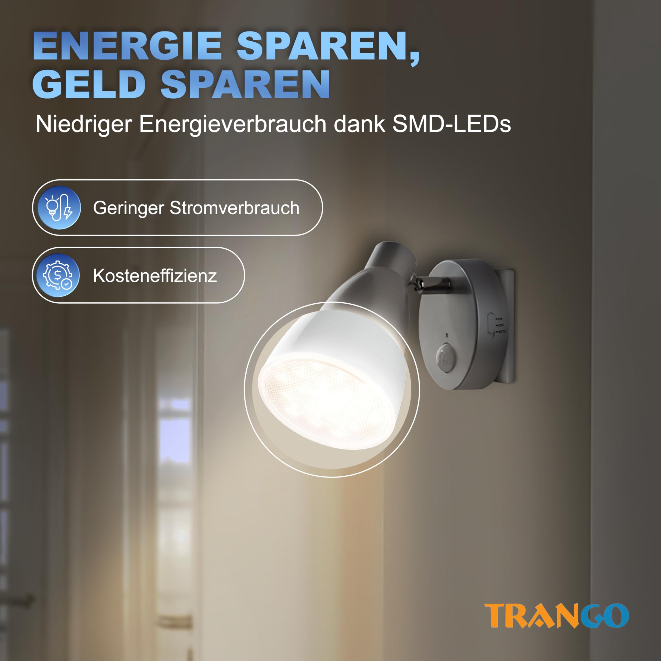 Trango 2er Set Sensor LED de luz nocturna TG2635-024 en plata con función automática 230V con sensor de movimiento, luz de seguridad, lámpara de enchufe, lámpara de pared, luz de orientación