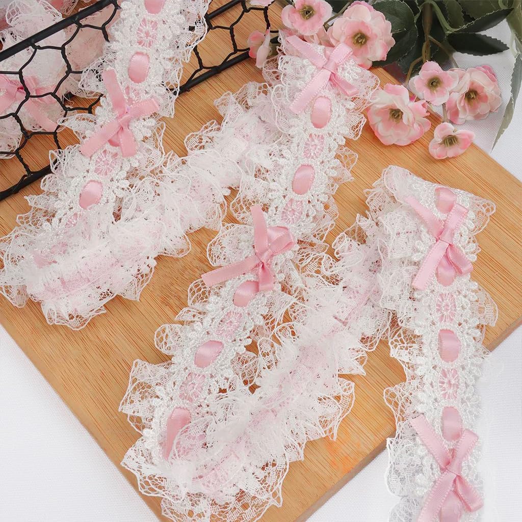 Supvox® 1 Roll Ruffled Lace Trim Ribbon White Laces and Borders with Pink Satin Strip Accents & Bows, Sewing Craft Trim Border for Lingerie, Lolita, Hair Accessories & DIY Decor, 1.8 Meters x 4cm-image-14
