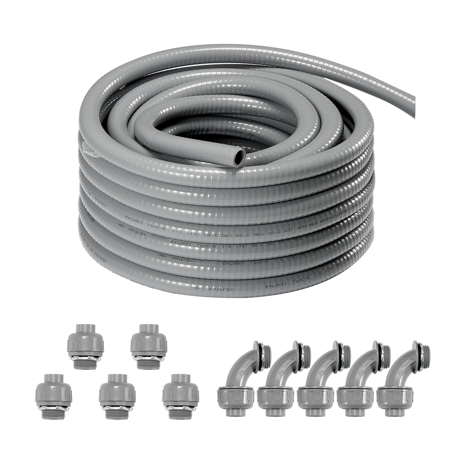 VEVOR 1/2-Inch (100FT) Flexible Electrical Conduit, PVC Liquid-Tight Conduit Non-Metallic with 5 Straight and 5 90-Degree Fittings, for Air