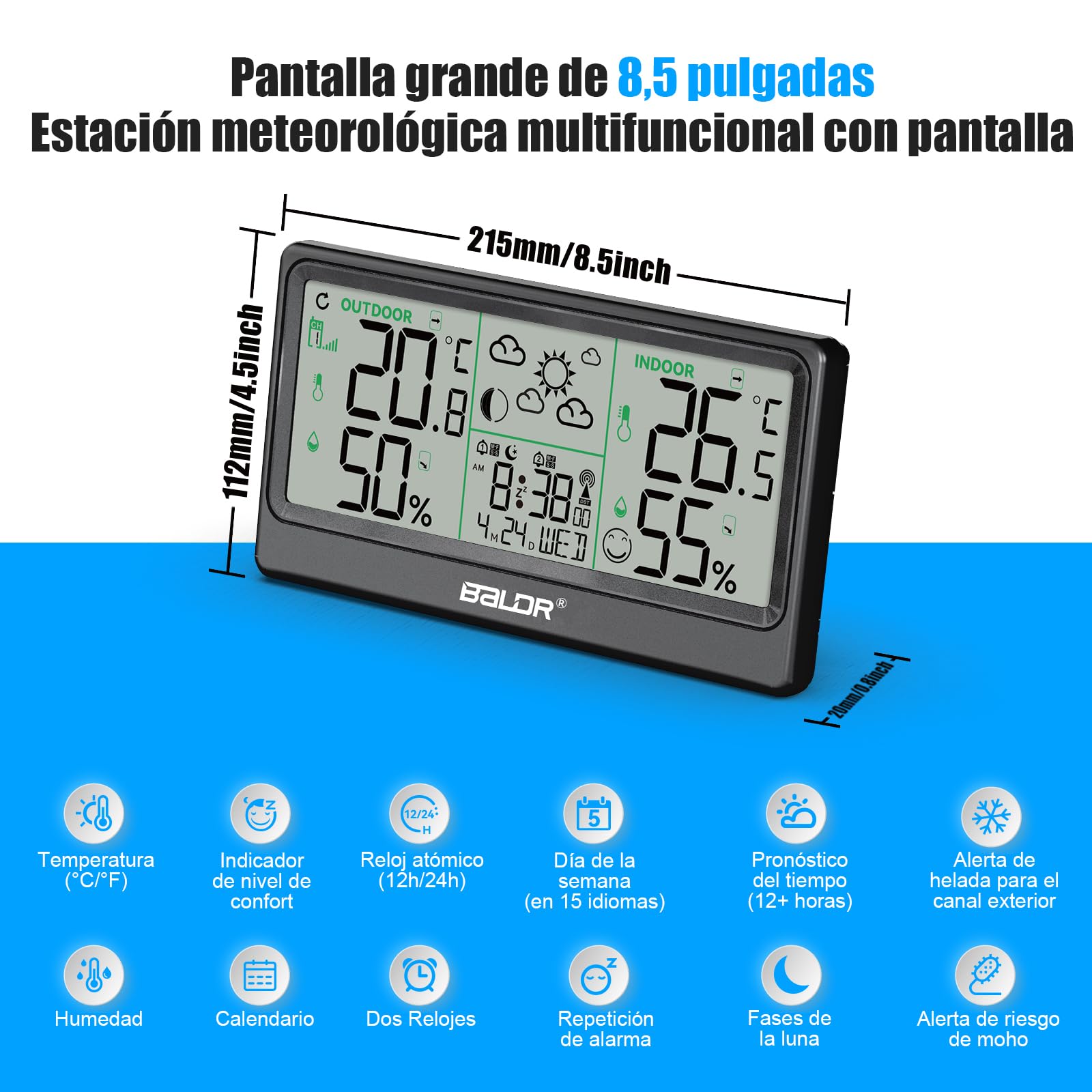 Estacion Meteorologica Inalámbrica, 8.5" Termómetro Higrómetro Barómetro Interior Exterior Reloj Atómico Pronóstico del Tiempo Reloj Digital Alarma Función de Repetición Pantalla de Hora Fecha Día