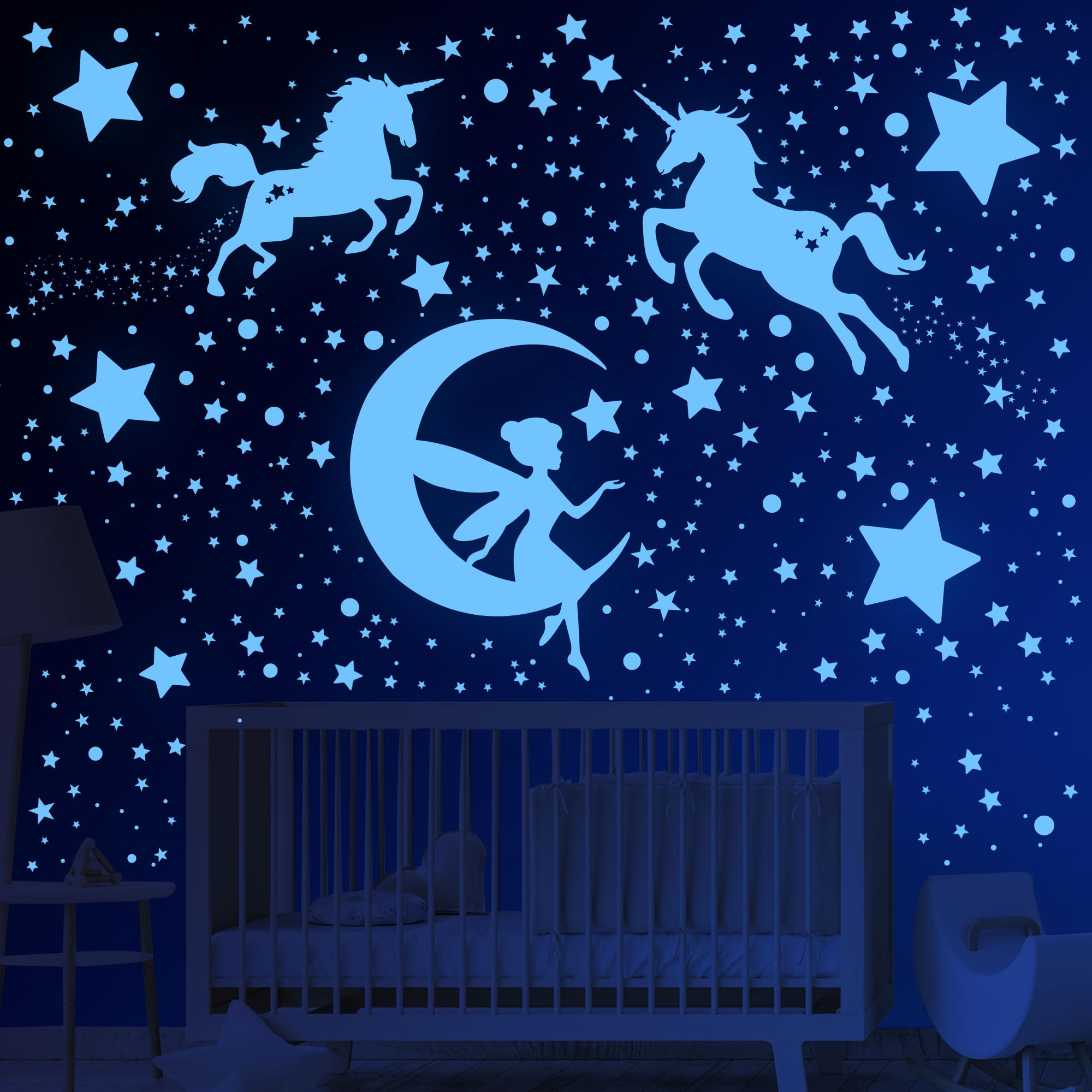 Adesivi Murali Fluorescenti Unicorno Stelle 585 Pezzi per Cameretta Bambine Soggiorno