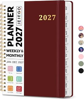 2027 Planner, Weekly & Monthly Calendar Book, Jan-Dec 2027, A5, 6.4" x 8.5" | 23 Notes Pages, Hardcover, Monthly Tabs, Spiral Binding, Inner Pocket, Ideal for Home, Office & School, Burgundy