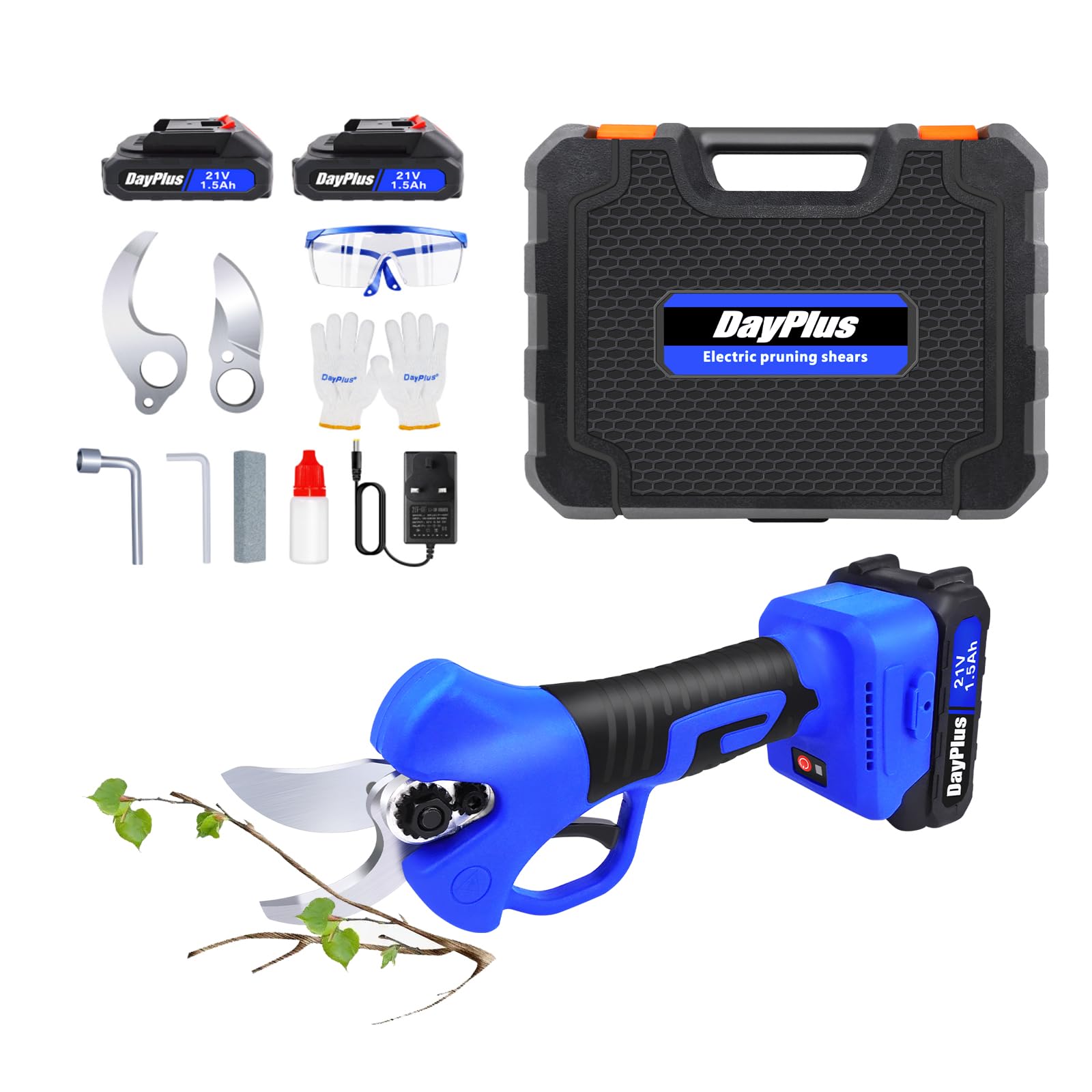 Tijeras de podar eléctricas, tijeras de podar eléctricas profesionales, 28 mm, tijeras de podar eléctricas con 2 piezas de batería de litio de 1,5 Ah para podar, jardinería, árbol frutal, viñedo
