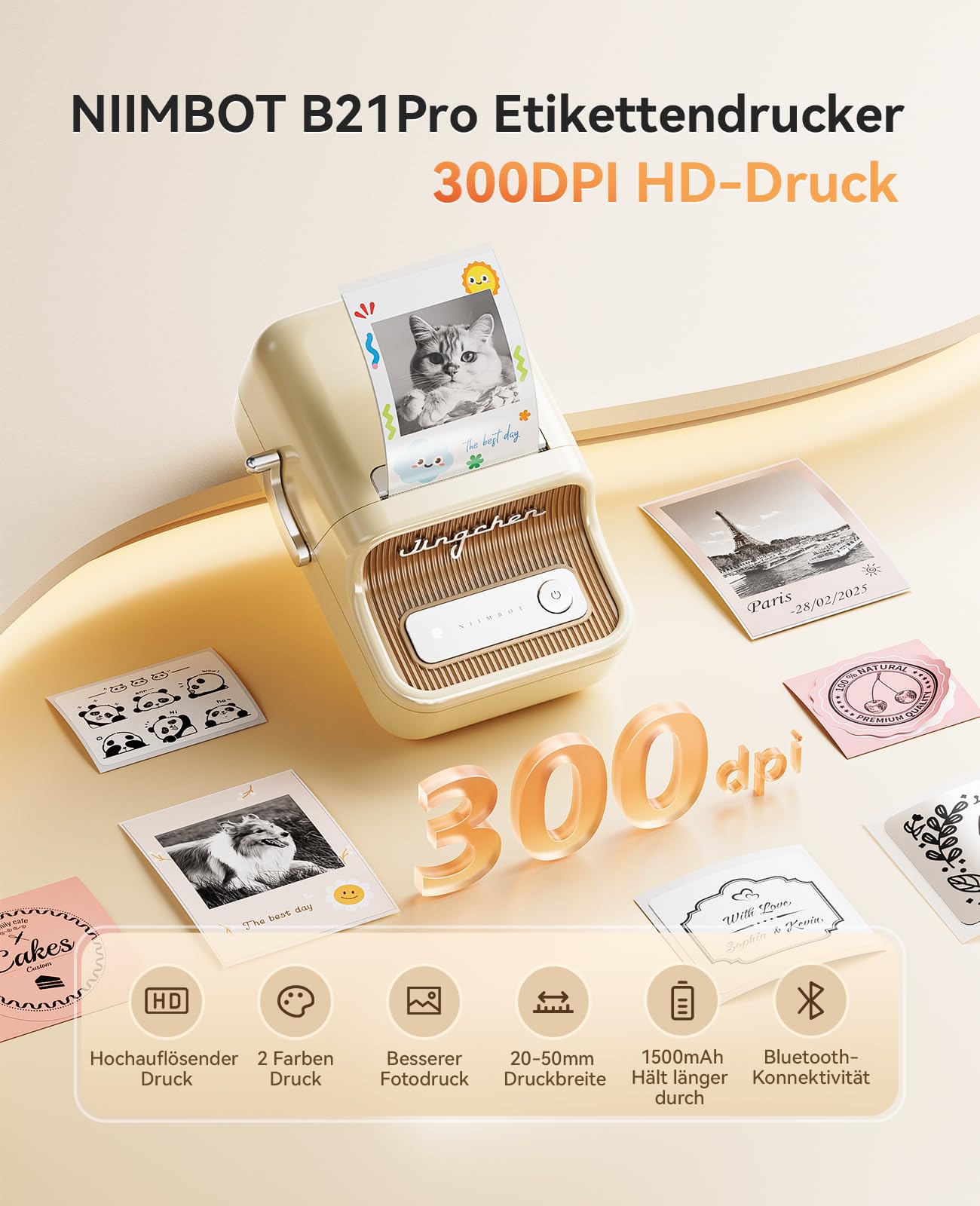 NIIMBOT B21Pro Etikettendrucker, 300dpi Selbstklebendes Etikettiergerät Bluetooth Beschriftungsgerät Label Printer Fotodrucker für Lernen, Studiennotizen, Bilderdruck, Scrapbooking, Weiß