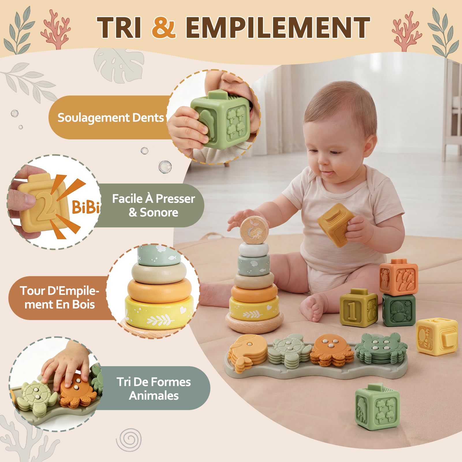 Jouet Bebe 6 Mois, 5 en 1 Jeux Éveil Bébé 6-12 Mois, montessori 6 8 9 mois | Cube Empilables & Tri des Formes, Boîte à Mouchoirs, Jeux Sensoriels 6-24 Mois, Cadeau Anniversaire & Noël Bébé Fille