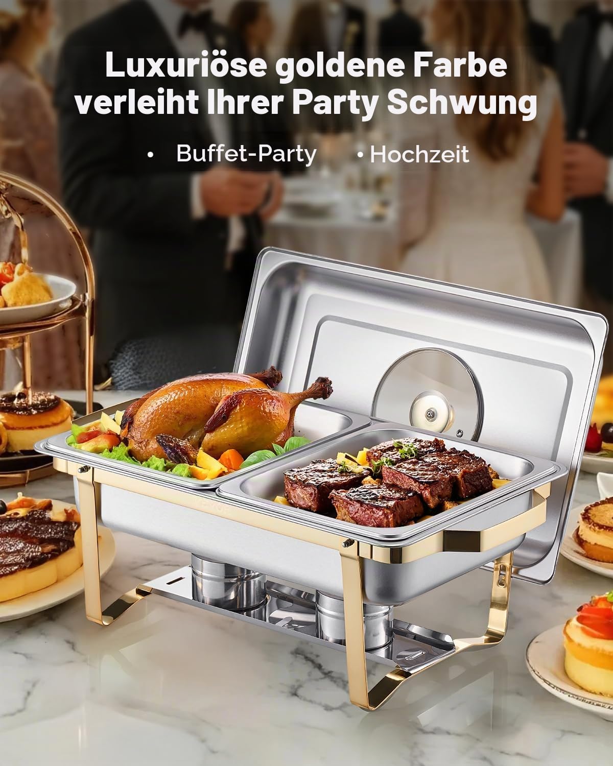 VEVOR Chafing Dish Set Speisenwärmer Edelstahl mit 4 Behältern in halber Größe (4 L pro), rechteckiger Wärmespender mit sichtbarem Deckel & Wasserpfannenständer & Brennstoffhalter, für Partys