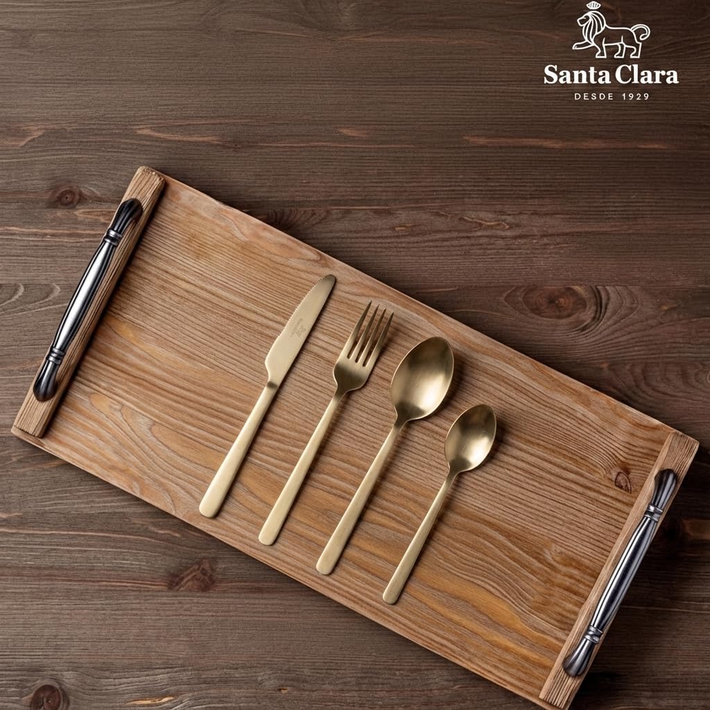 SANTA CLARA | Cubertería completa 16 piezas de acero inoxidable acabado champán PVD, juego de cubiertos con cuchillo, tenedor, cuchara y cucharilla de postre, servicio para 4 personas, modelo Antiga
