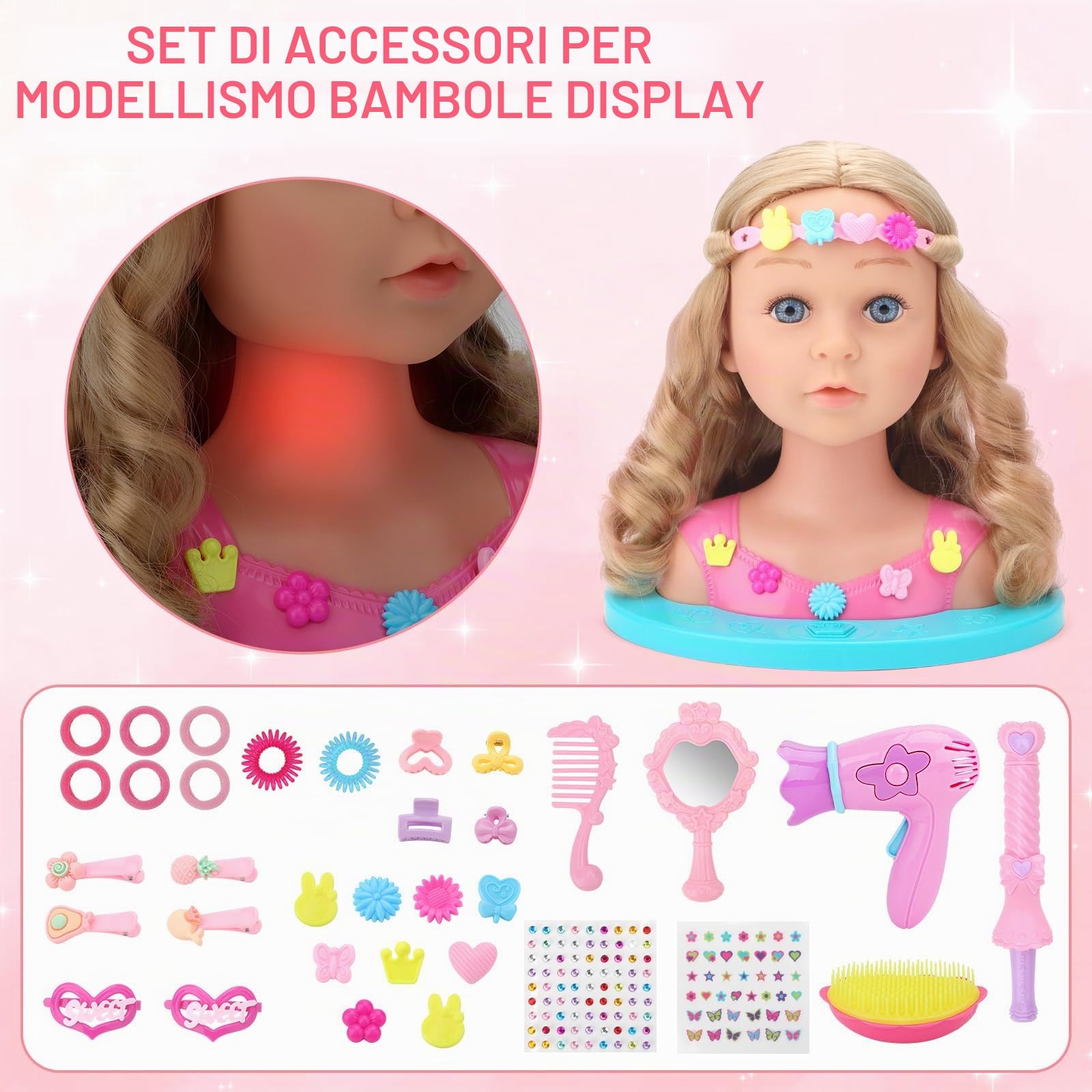 deAO Testa Bambola da Truccare e Pettinare 25cm, Testa da Acconciare per Bambini, Hair Styling Head Trucco e Parrucchiere con Asciugacapelli e Accessori, Bambola da Truccare Regalo per Bambina